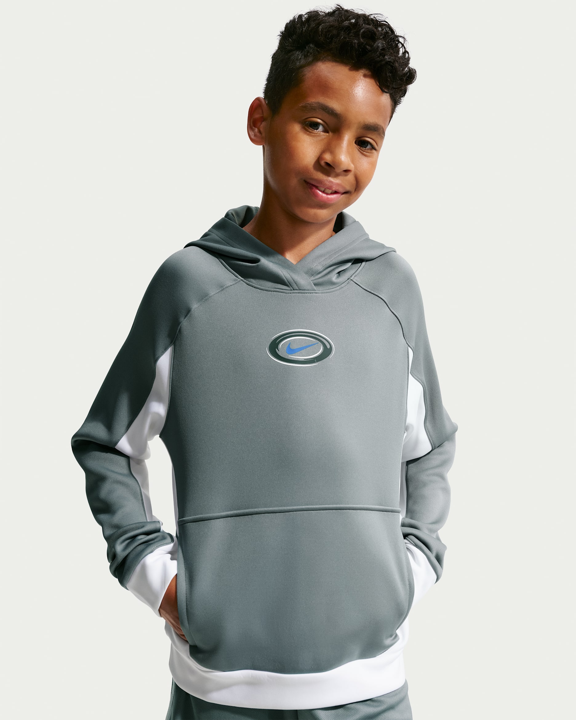 Nike Multi Older Kids' (Boys') Dri-FIT Fleece Pullover Hoodie - Smoke Grey/White/Game Royal