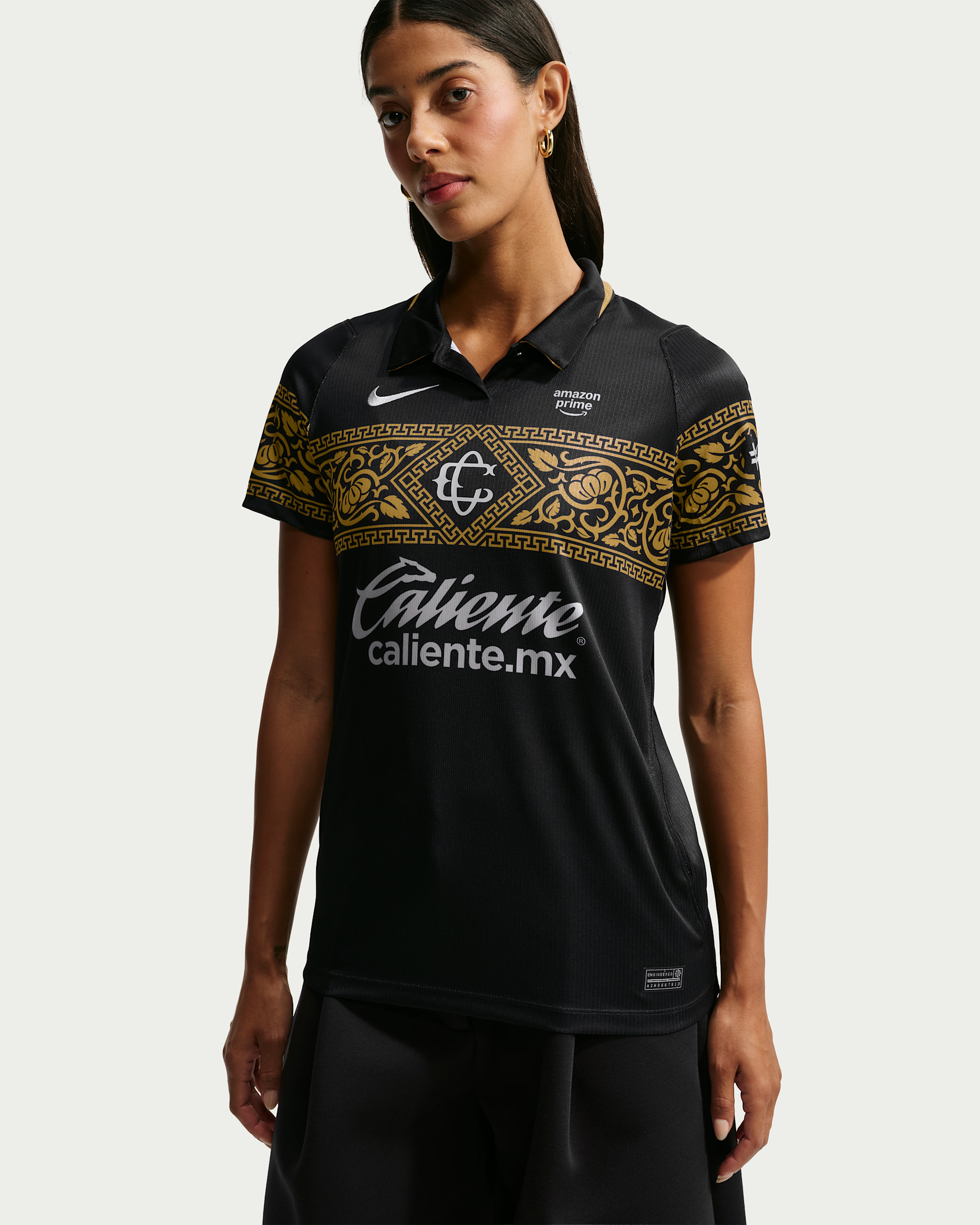 Jersey de futbol Nike Dri-FIT Replica del C.D. Guadalajara alternativo 2026/27 Stadium para mujer - Negro/Oro genuino/Plata liso/Plata liso