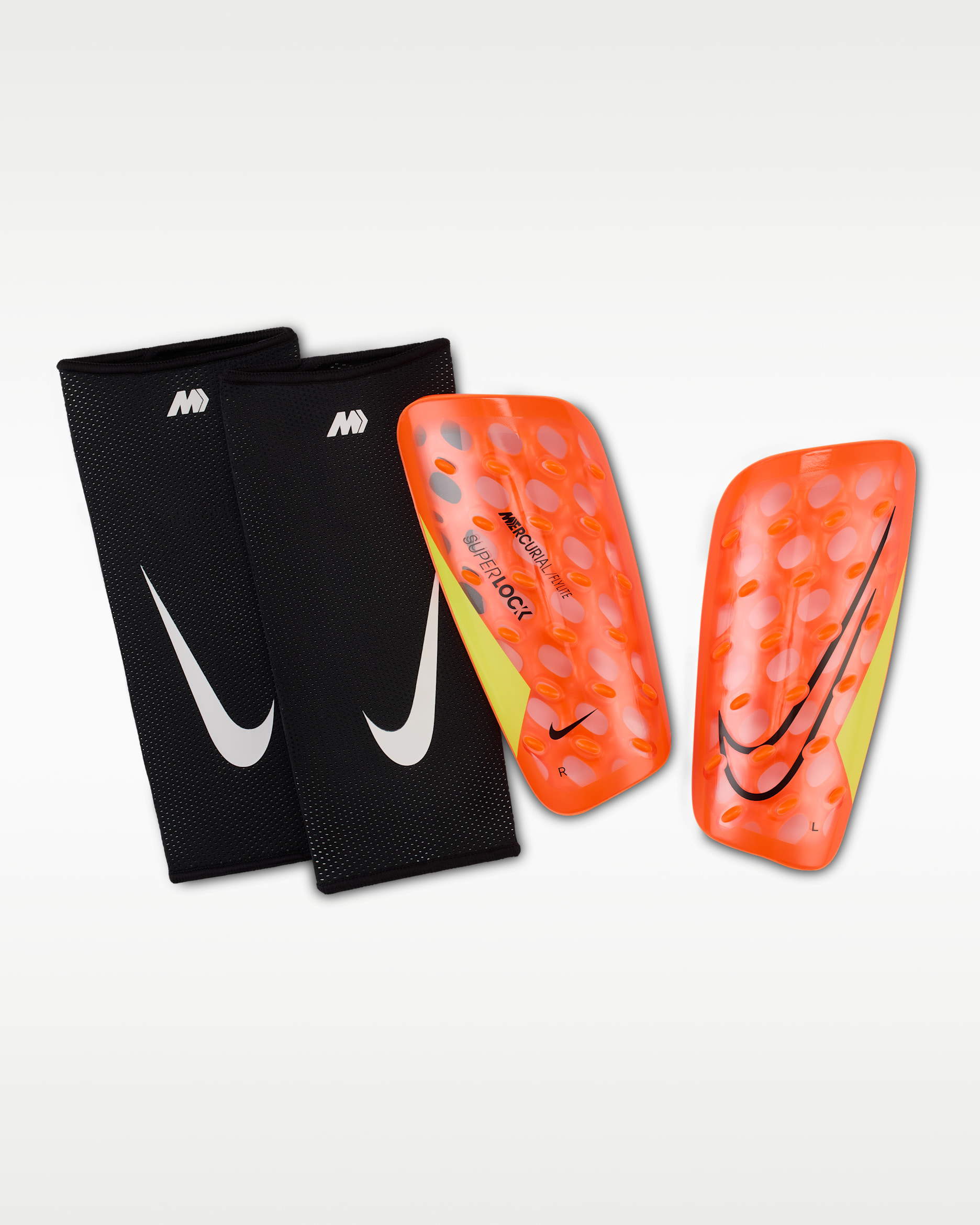 Nike Mercurial FlyLite SuperLock Football Shinguards - Hyper Crimson/Volt/Black
