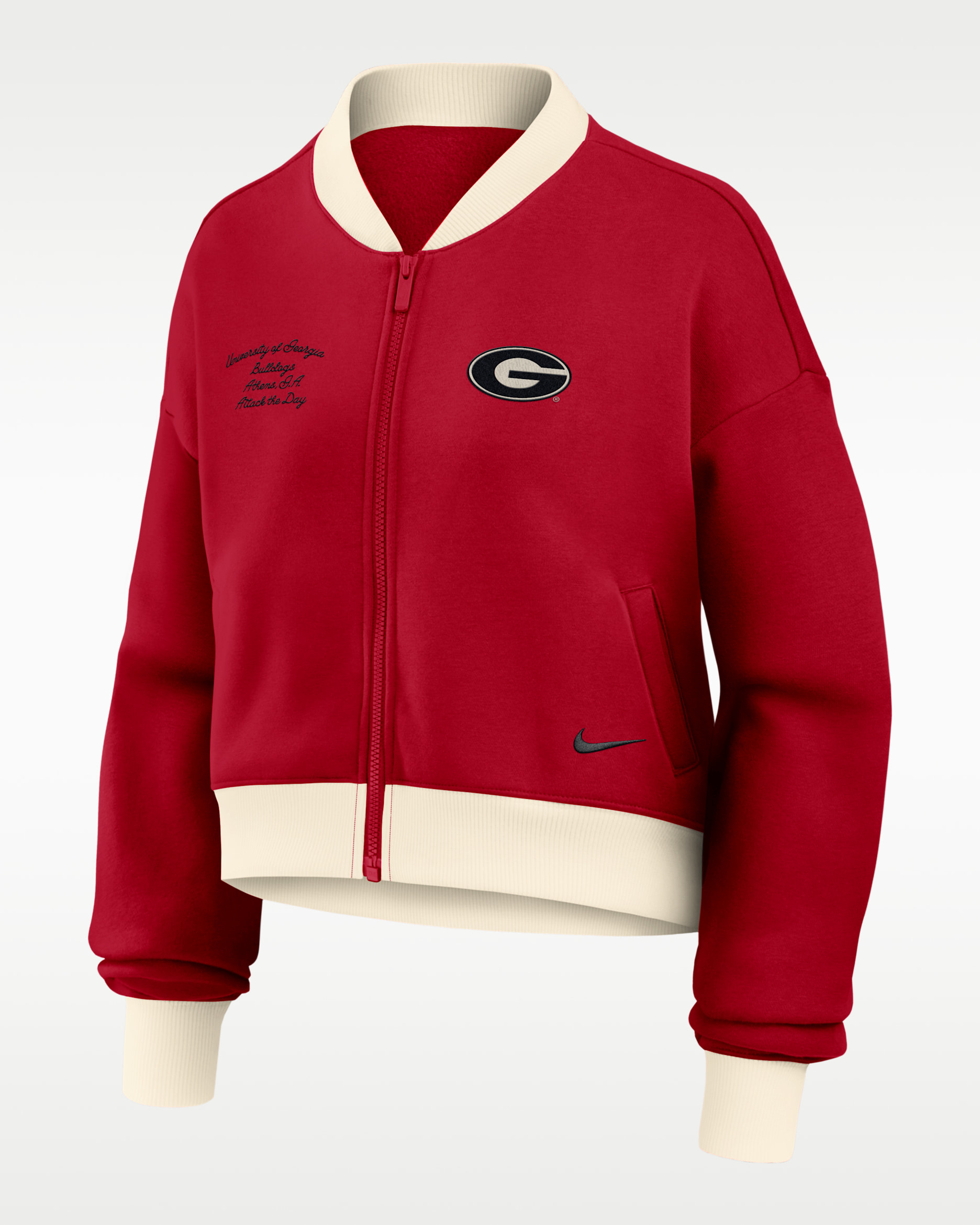 Georgia Academic Women's Nike College Oversized Cropped Full-Zip Bomber Jacket - Red/Natural