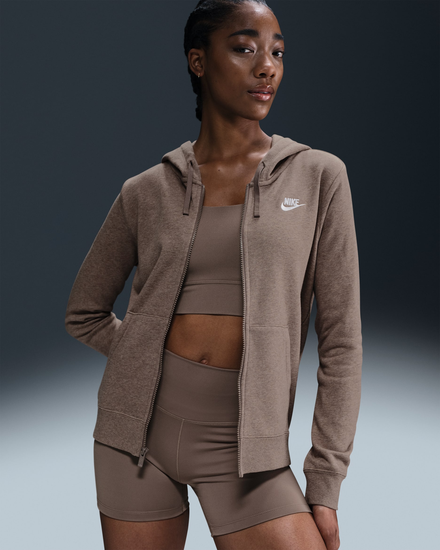 Sudadera con gorro de cierre completo para mujer Nike Sportswear Club Fleece - Marrón visón/Jaspeado/Blanco