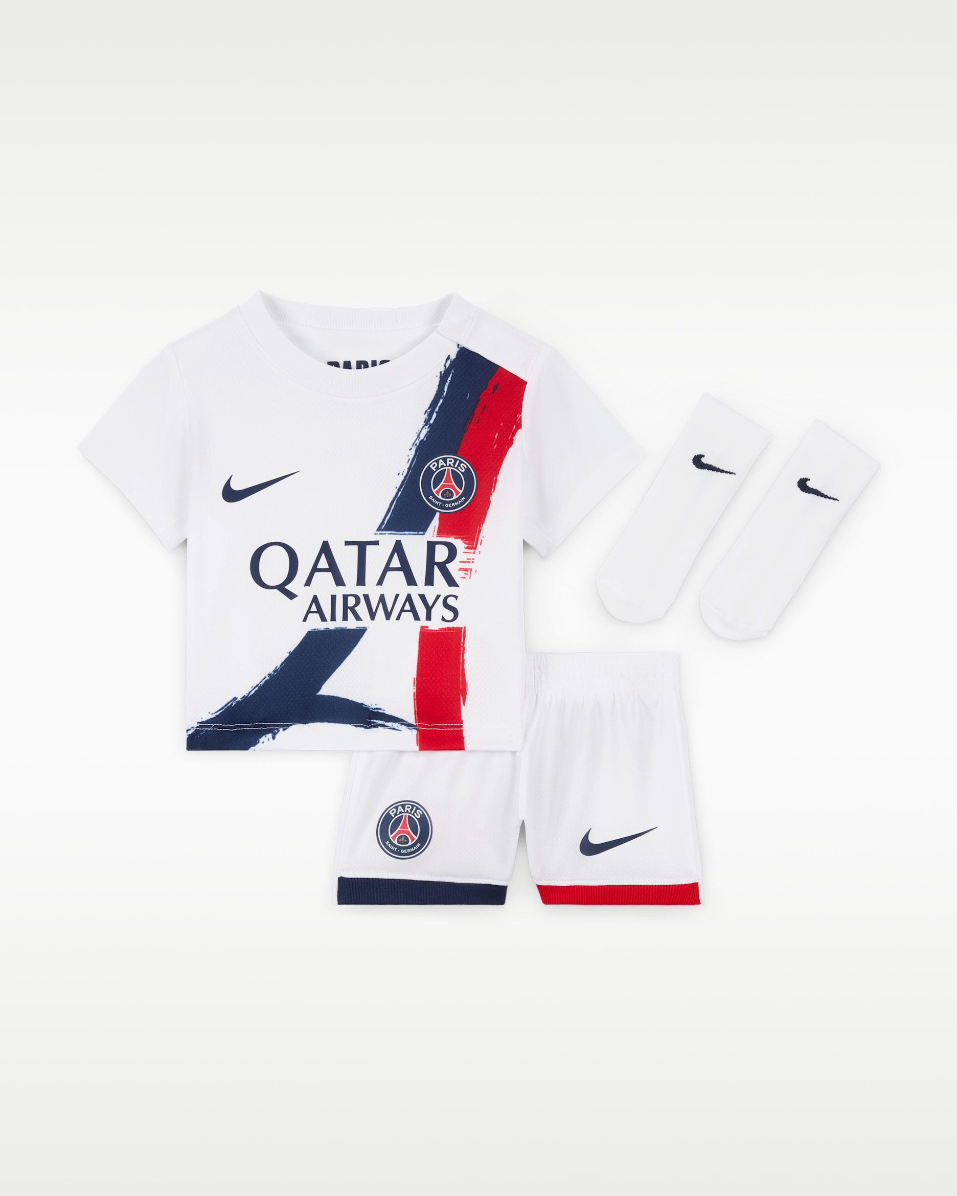 Paris-Saint Germain 2024 Stadium Away Baby/Toddler Nike Soccer Replica 3-Piece Kit - White/Midnight Navy/University Red/Midnight Navy