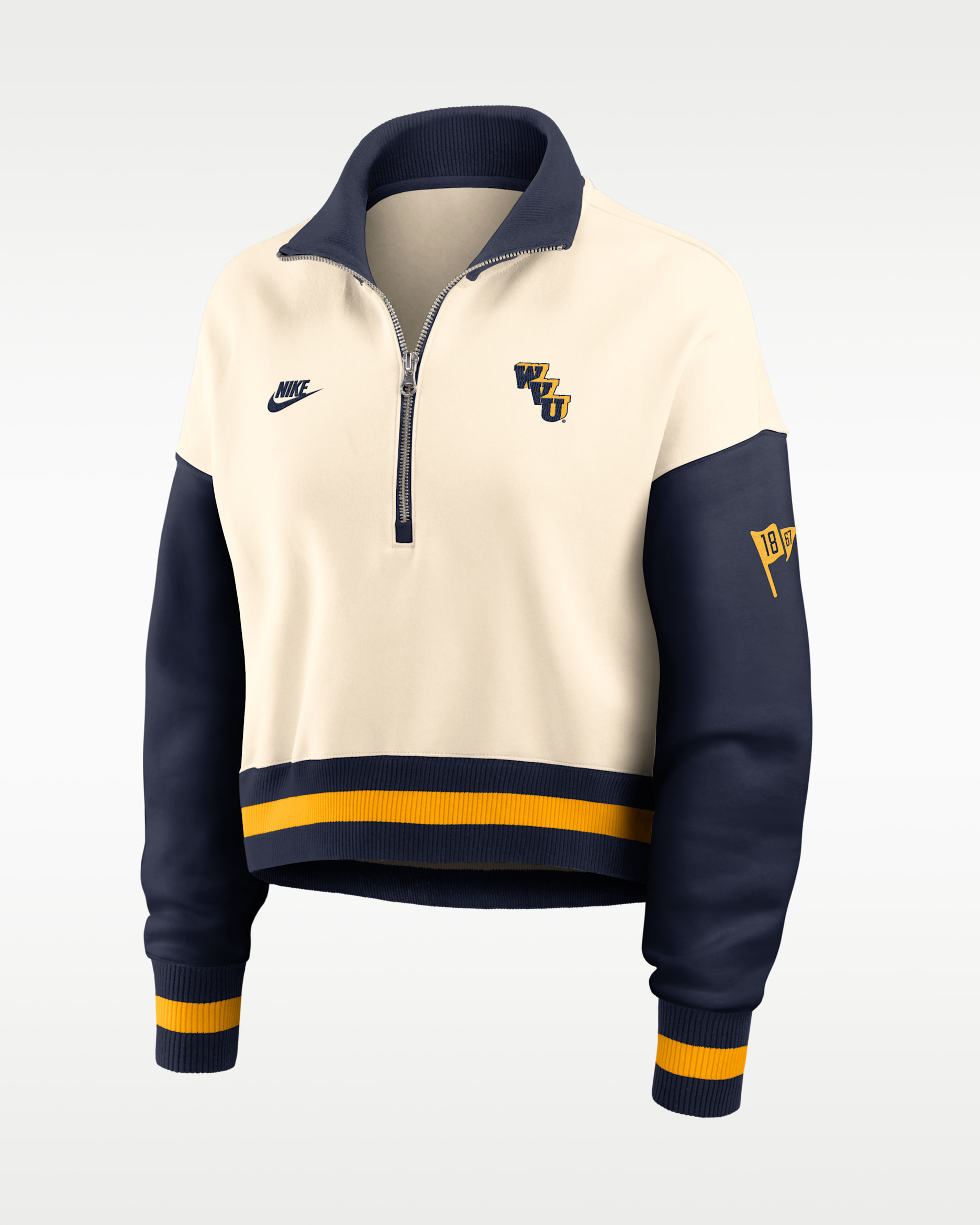 Sudadera de cuello redondo universitaria Nike oversized cropped con cierre de 1/4 para mujer West Virginia Legacy - Natural/Azul marino
