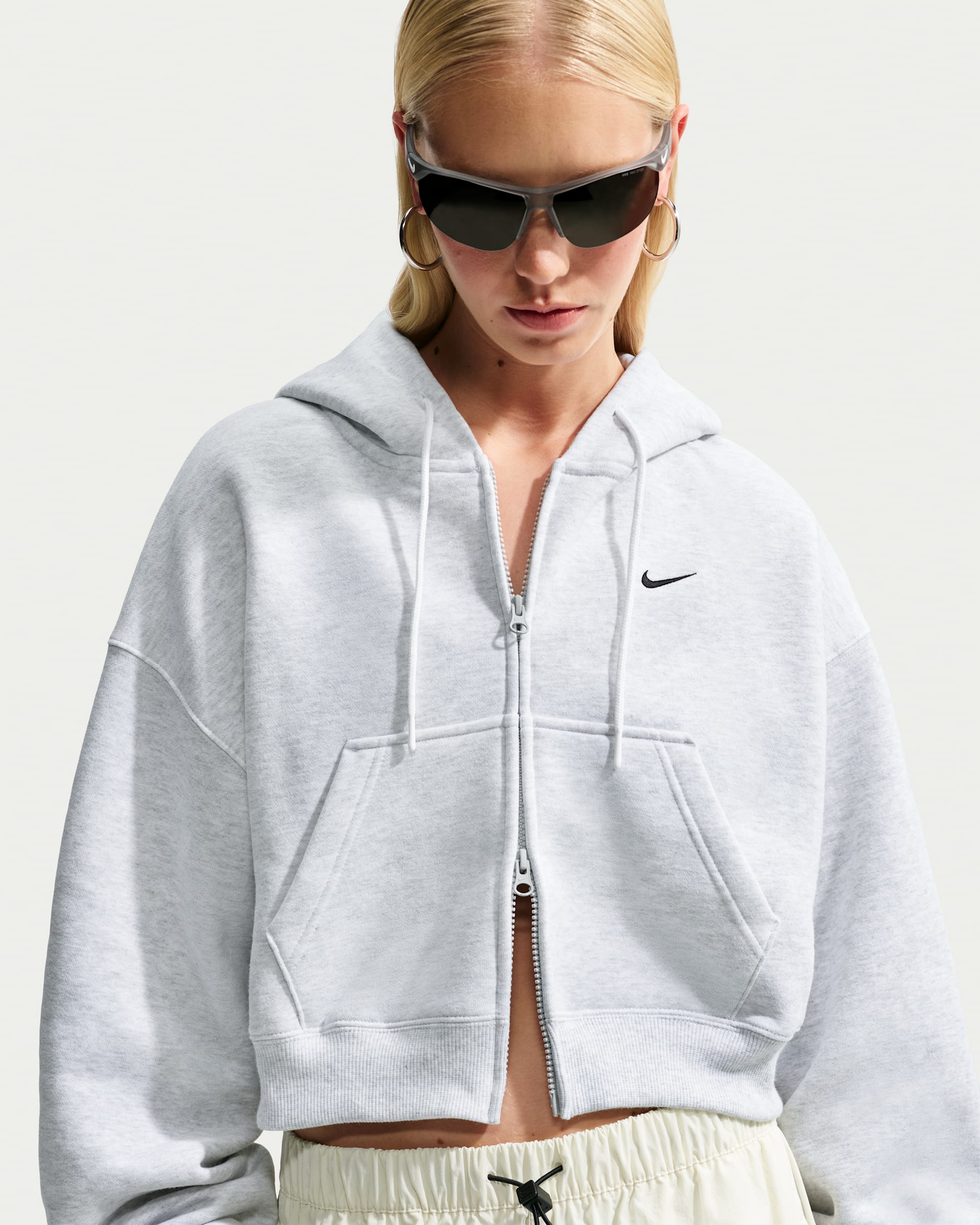 Nike Studio Fleece Medium Weight Women's Oversized Full-Zip Cropped Hoodie - Birch Heather/Black