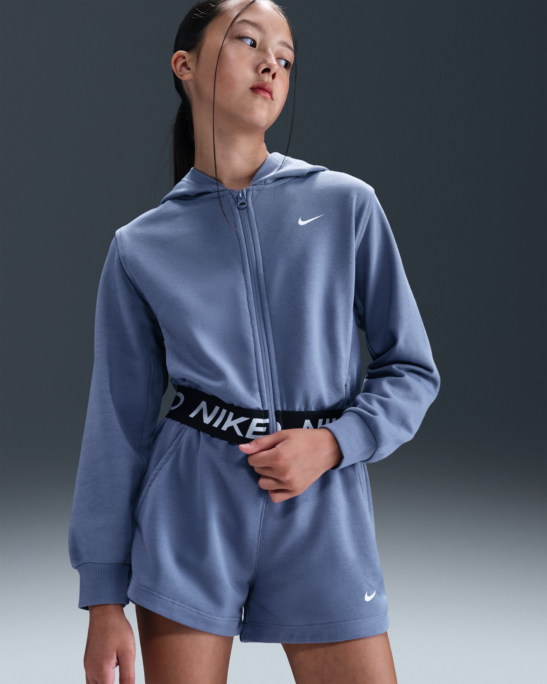 Nike Pro Fleece Older Kids' (Girls') Dri-FIT Full-Zip Hoodie - World Indigo/World Indigo/Black/White