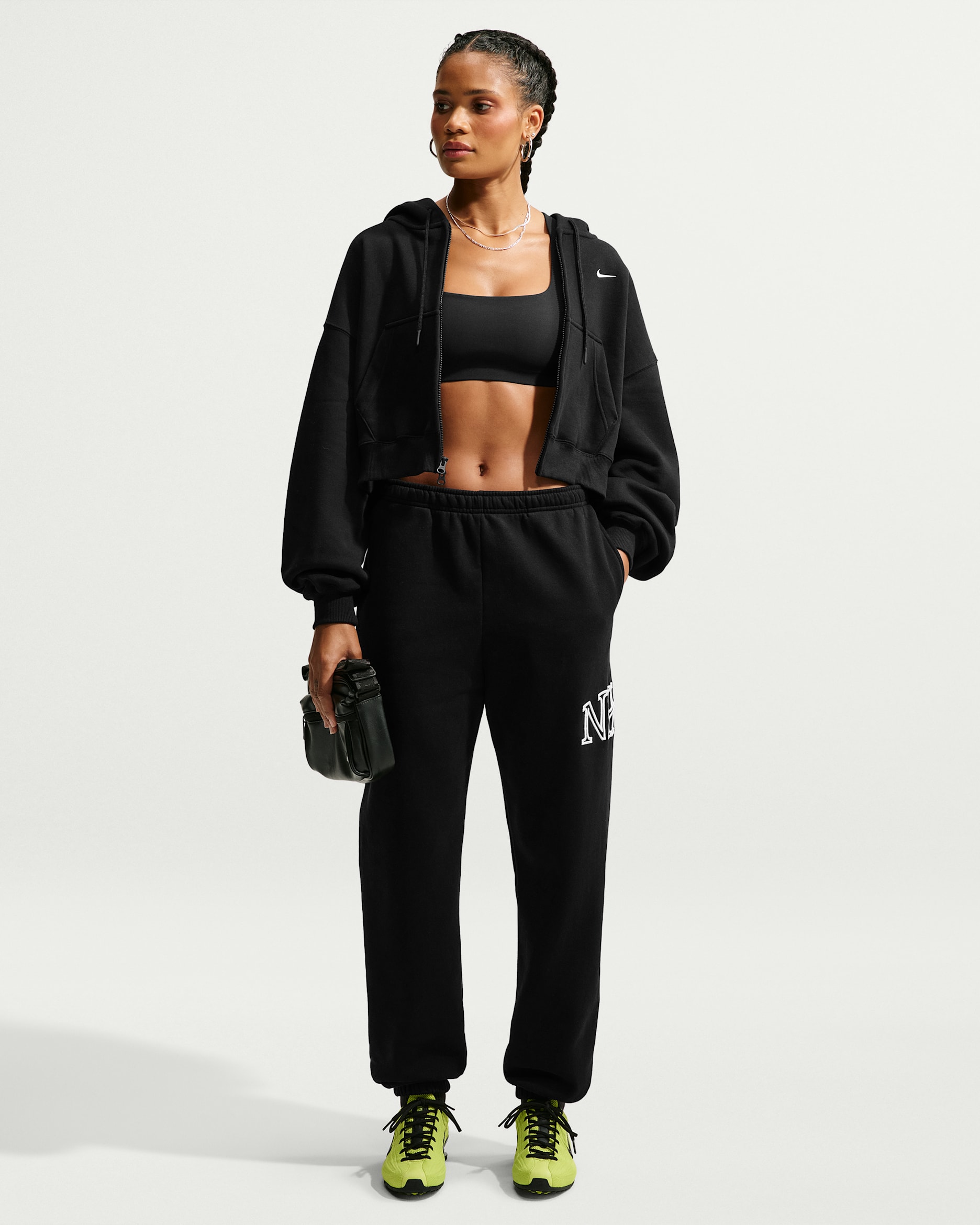 Nike Studio Fleece Medium Weight Women's Oversized Cuffed Logo Pants - Total Black/White