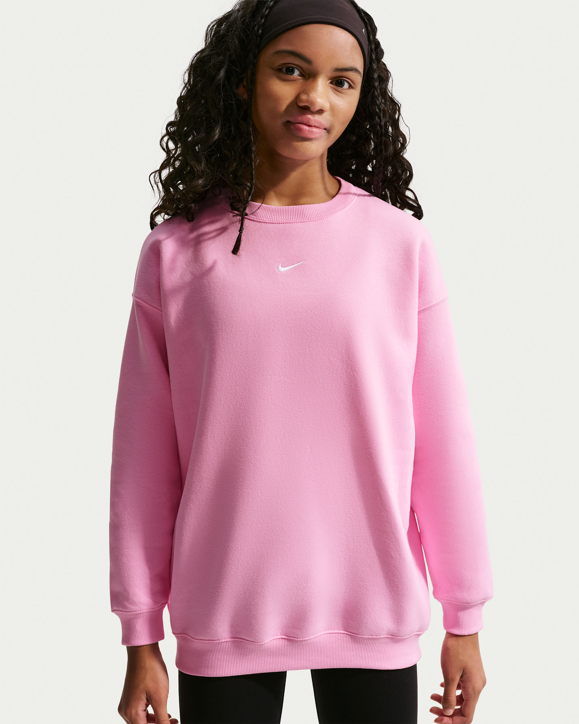 Sweat oversize à col ras-du-cou Nike Sportswear Studio pour ado (fille) - Pink Rise/Blanc