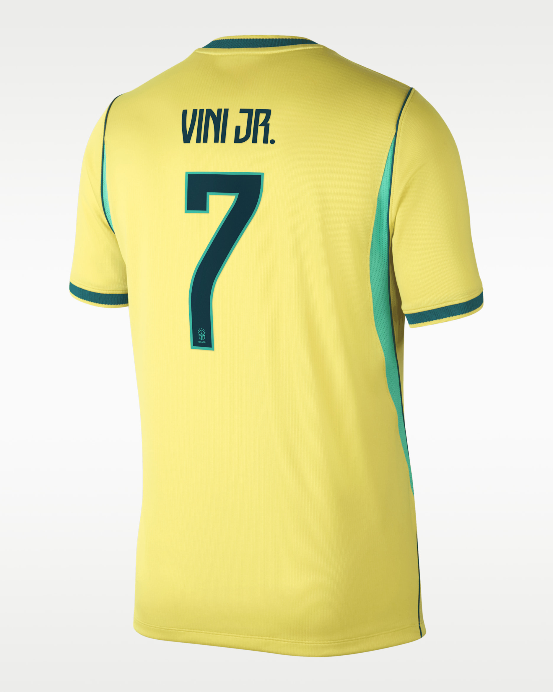 Jersey de futbol Nike Dri-FIT de la selección de Brasil local 2026 Stadium Vinícius Júnior para hombre - Canario/Menta claro/Azul verdoso geoda