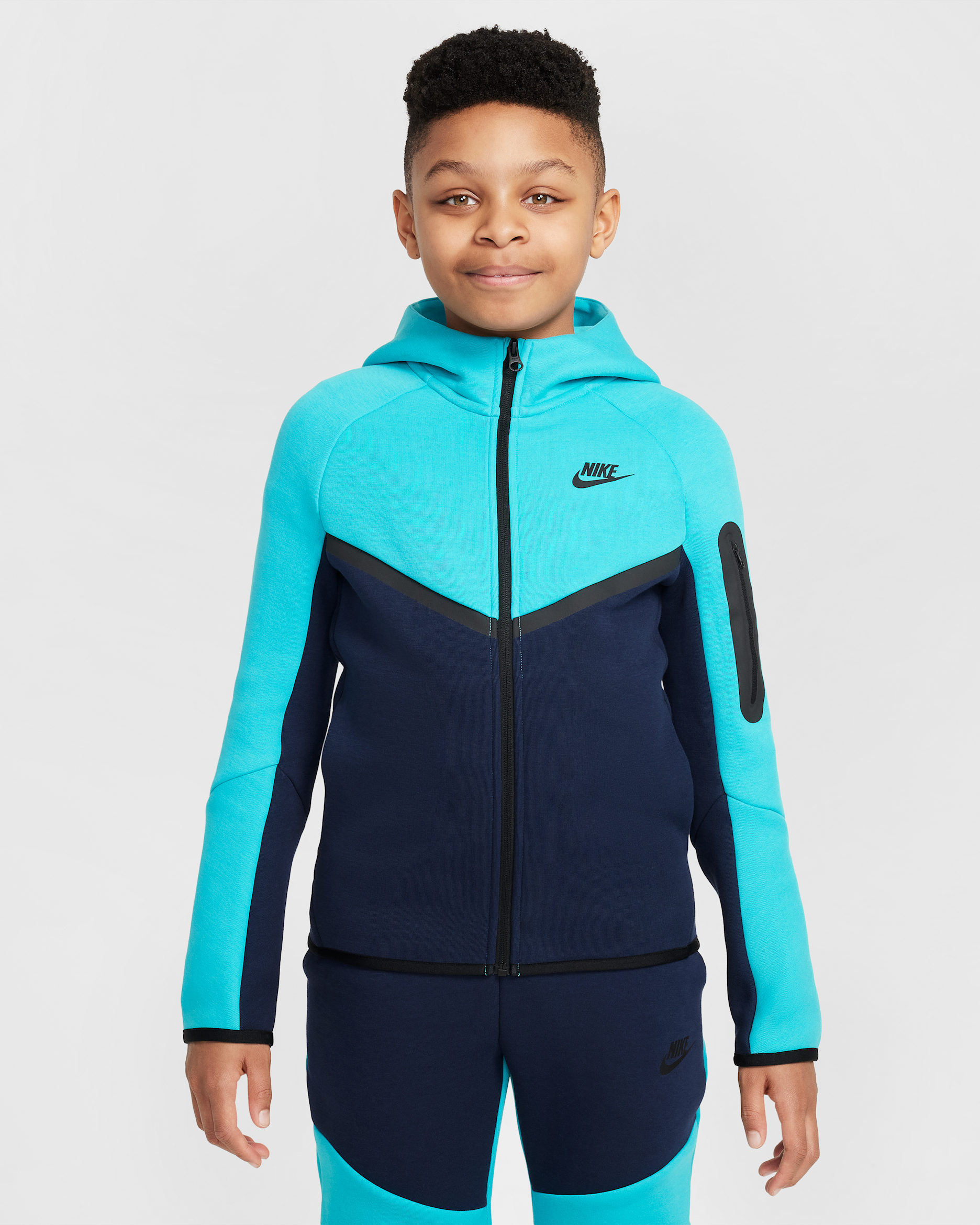 Nike Sportswear Tech Fleece Big Kids' Full-Zip Hoodie - Obsidian/Dusty Cactus/Black/Black