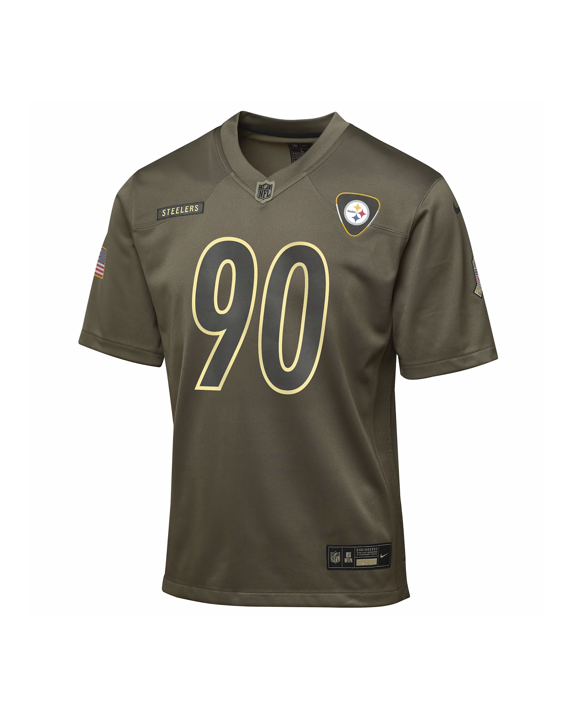 Jersey para niños talla grande Nike de la NFL Game de T.J. Watt de los Pittsburgh Steelers Salute to Service - Oliva