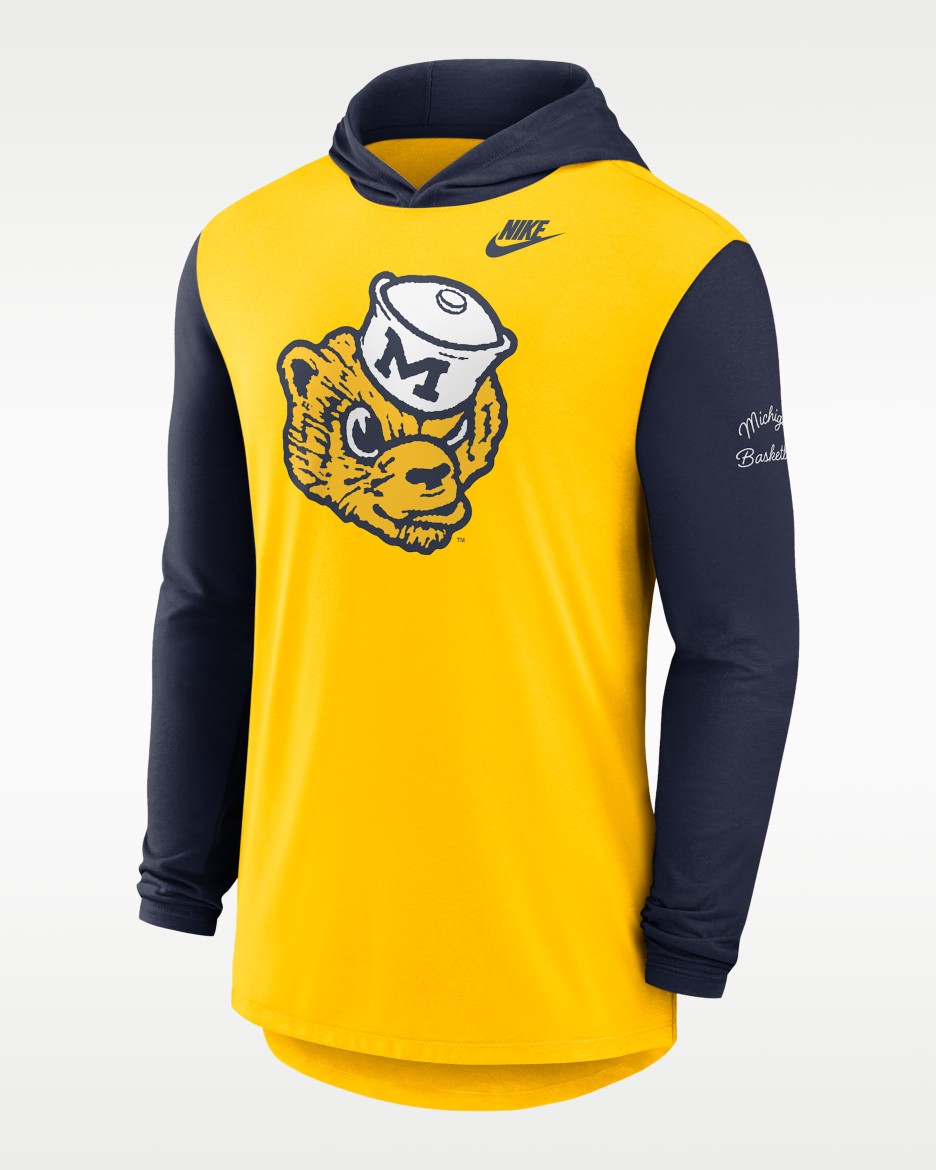 Michigan Campus Legacy Men's Nike Dri-FIT College Long-Sleeve Hooded T-Shirt - Maize/Navy/White/Navy