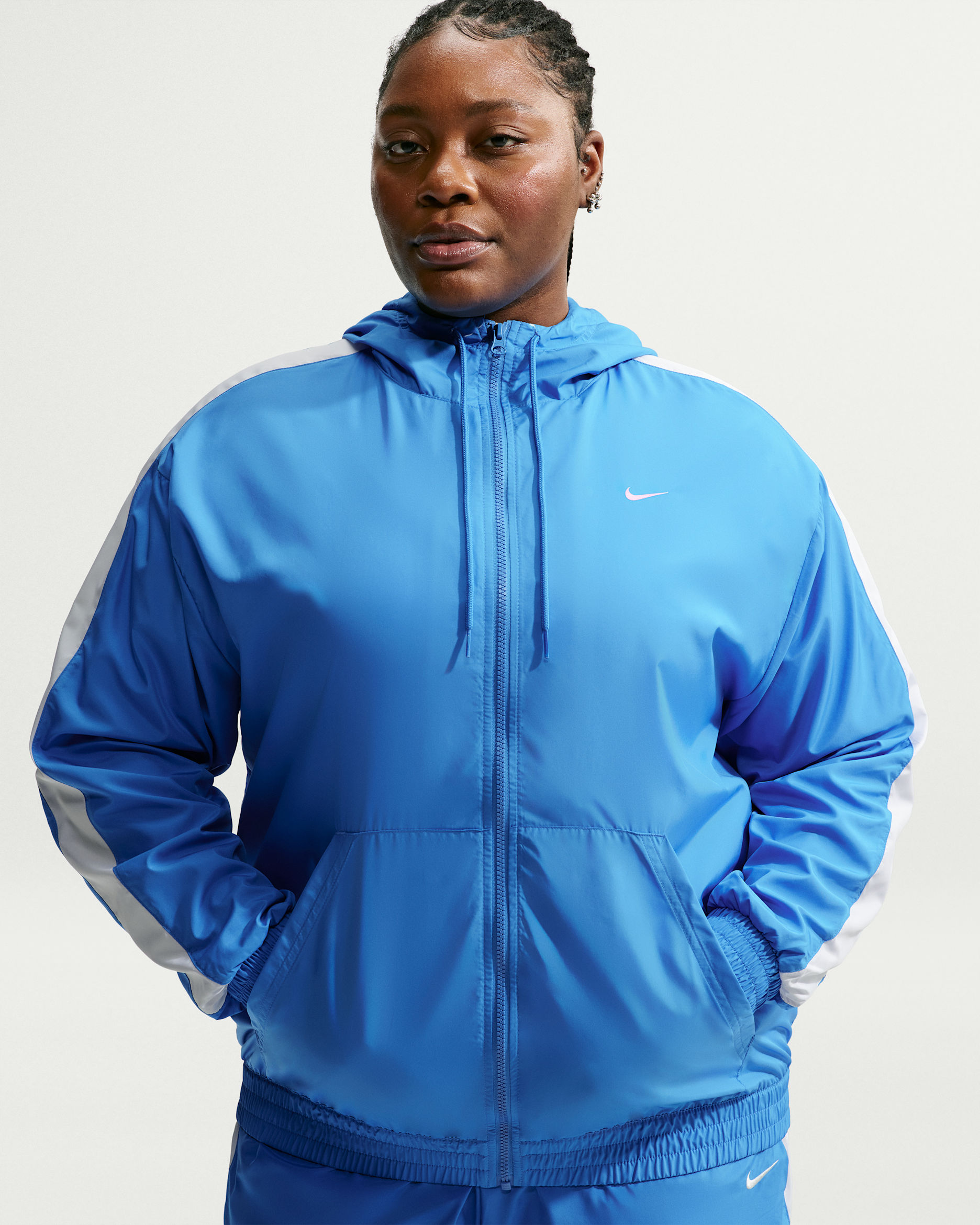 Nike Sportswear Classic Wovens Women's Loose UV Hooded Jacket (Plus Size) - Light Photo Blue/White/Sail