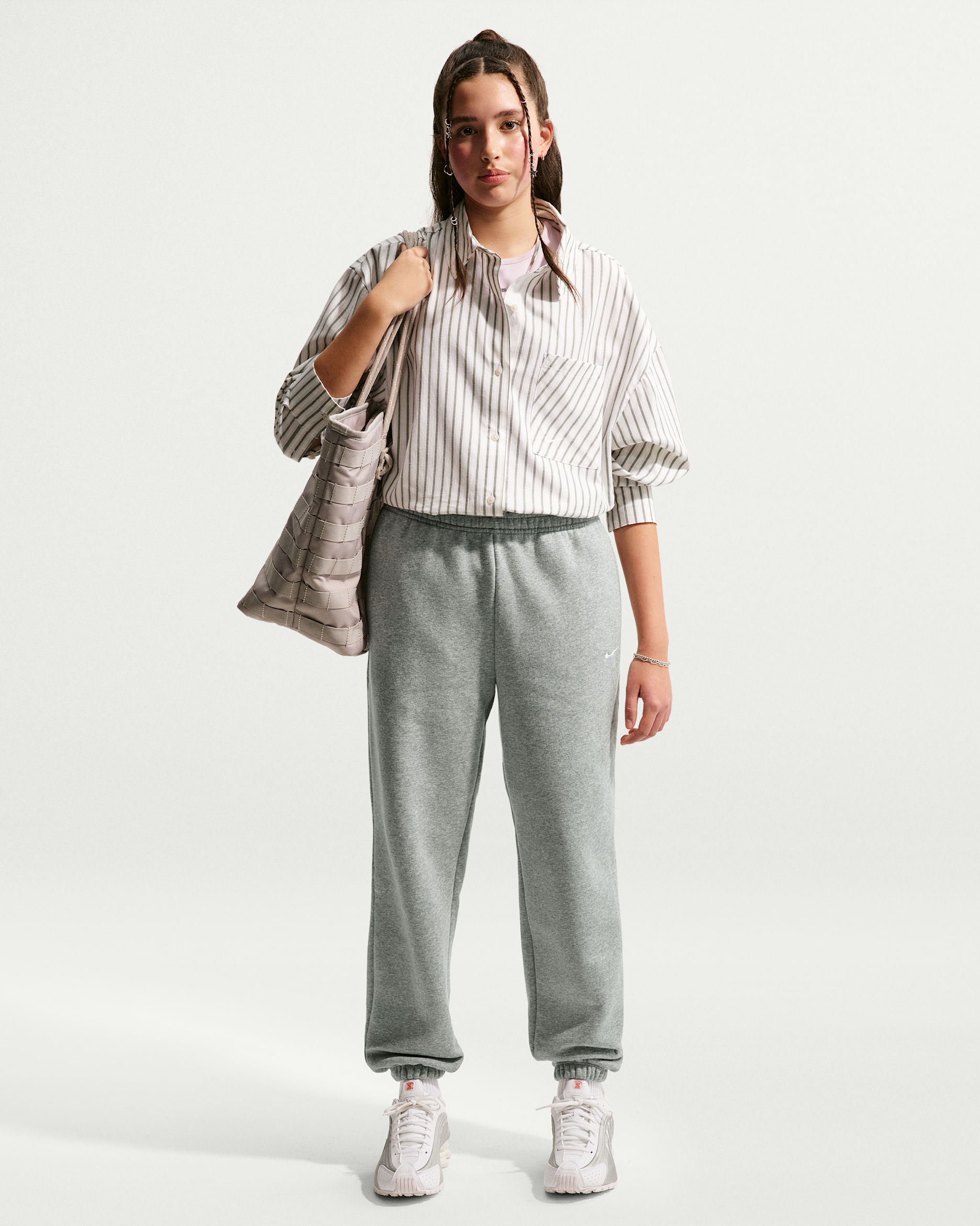 Nike Sportswear Studio Fleece Girls' Loose Pants - Dark Grey Heather/Particle Grey/White
