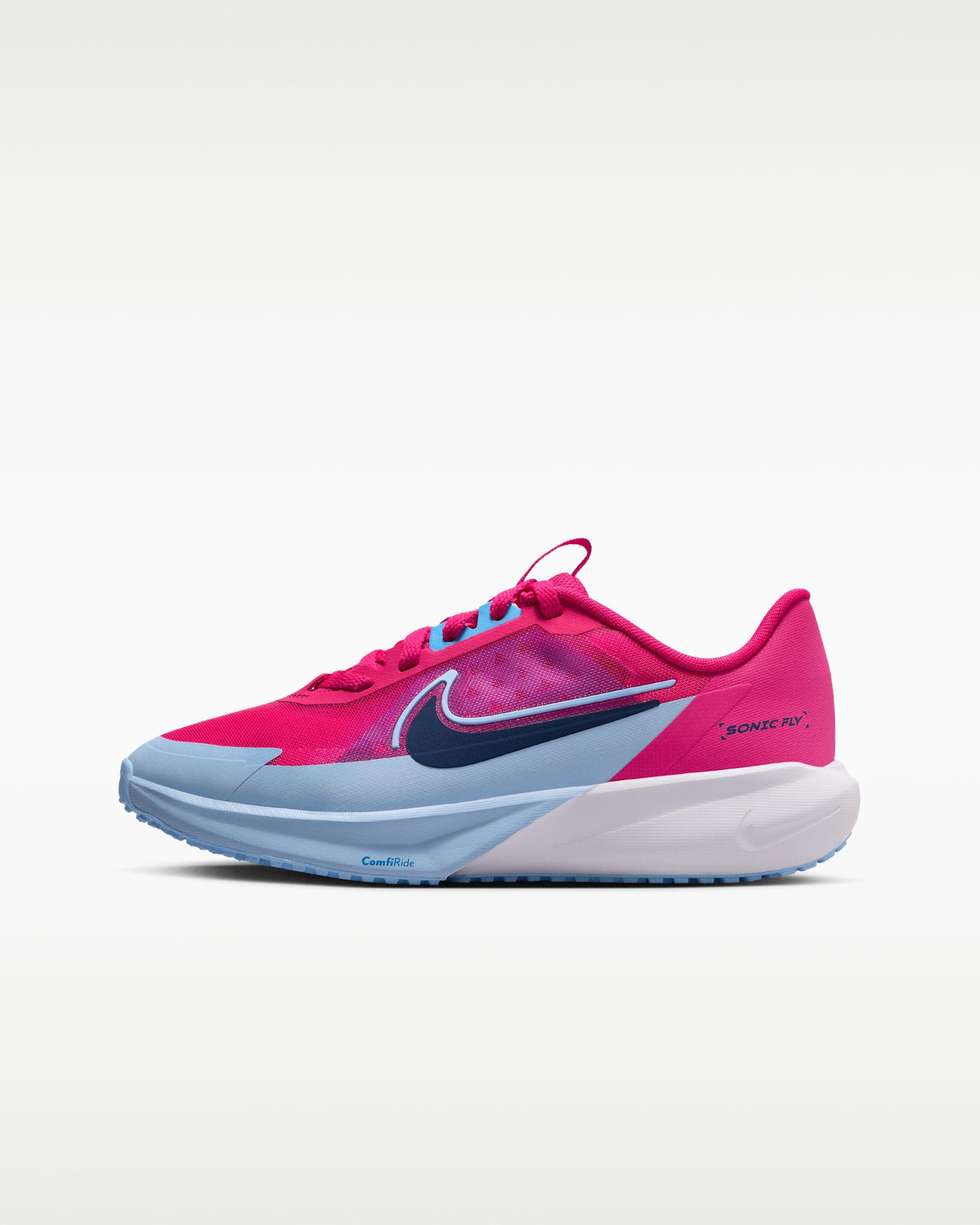 Tenis de correr para niños grandes Nike Sonic Fly - Rosa enérgico/Azul universitario/Aluminio/Azul vacío