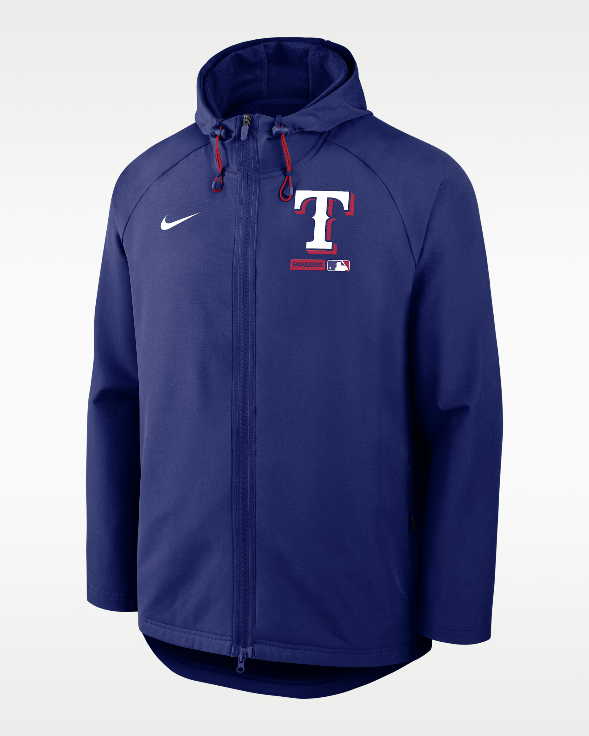 Chamarra Nike Therma-FIT de la MLB con gorro y cierre completo para hombre Texas Rangers Authentic Collection - Azul royal intenso