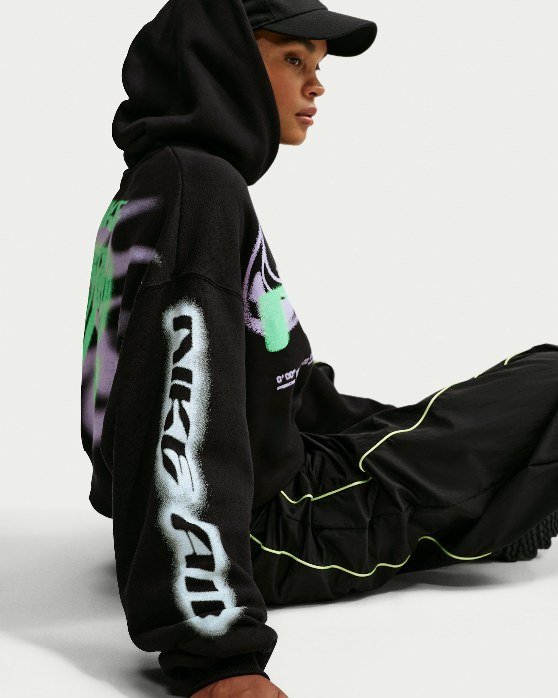 Nike Studio Fleece Medium Weight Women's Cropped Oversized Pullover Hoodie - Total Black/Sail