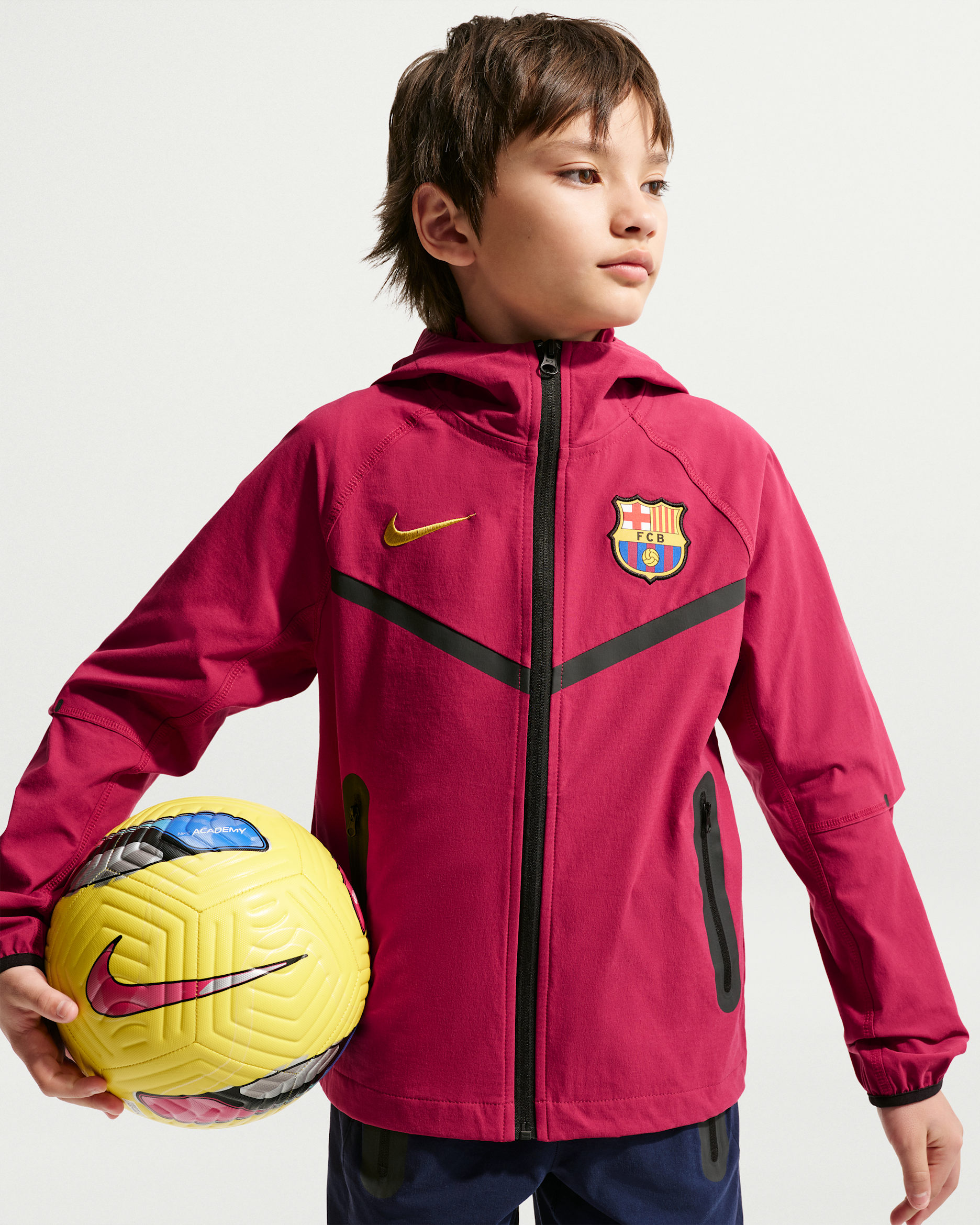FC Barcelona Tech Big Kids' (Boys') Nike Soccer Full-Zip Jacket - Noble Red/Black/Mineral Yellow