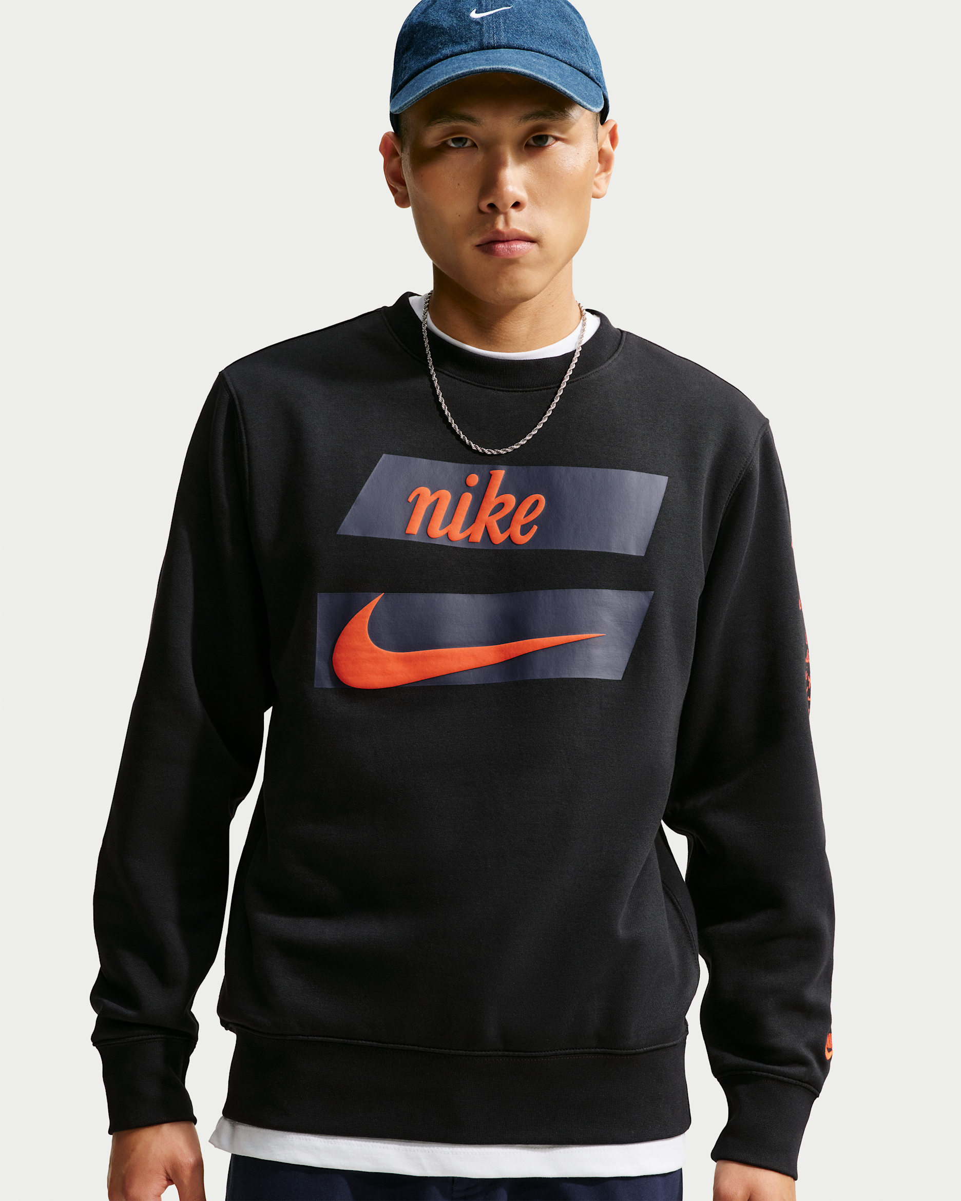 Nike Club Men's Fleece Crew-Neck Sweatshirt - Black/Safety Orange