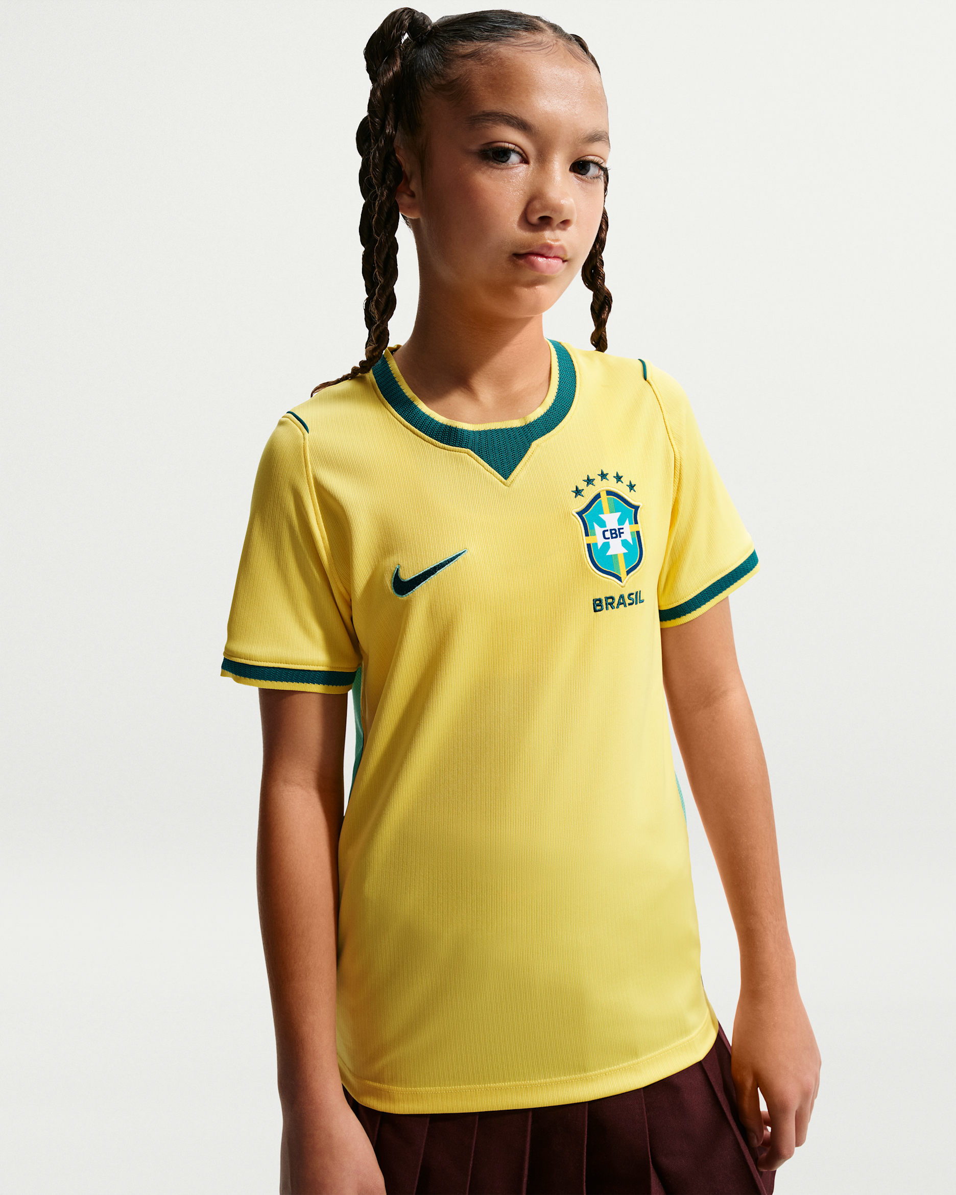 Brazil 2026 Stadium Home Older Kids' Nike Dri-FIT Football Replica Shirt - Canary/Light Menta/Geode Teal
