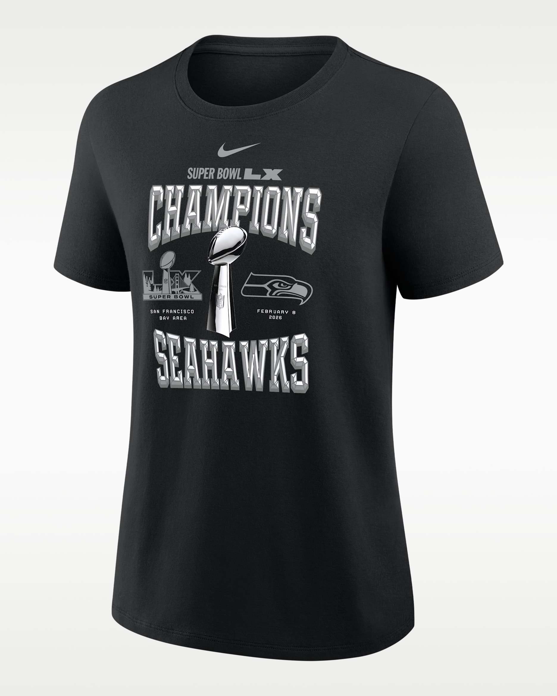 Playera Nike de la NFL para mujer Seattle Seahawks Super Bowl LX Champions Trophy Collection - Negro