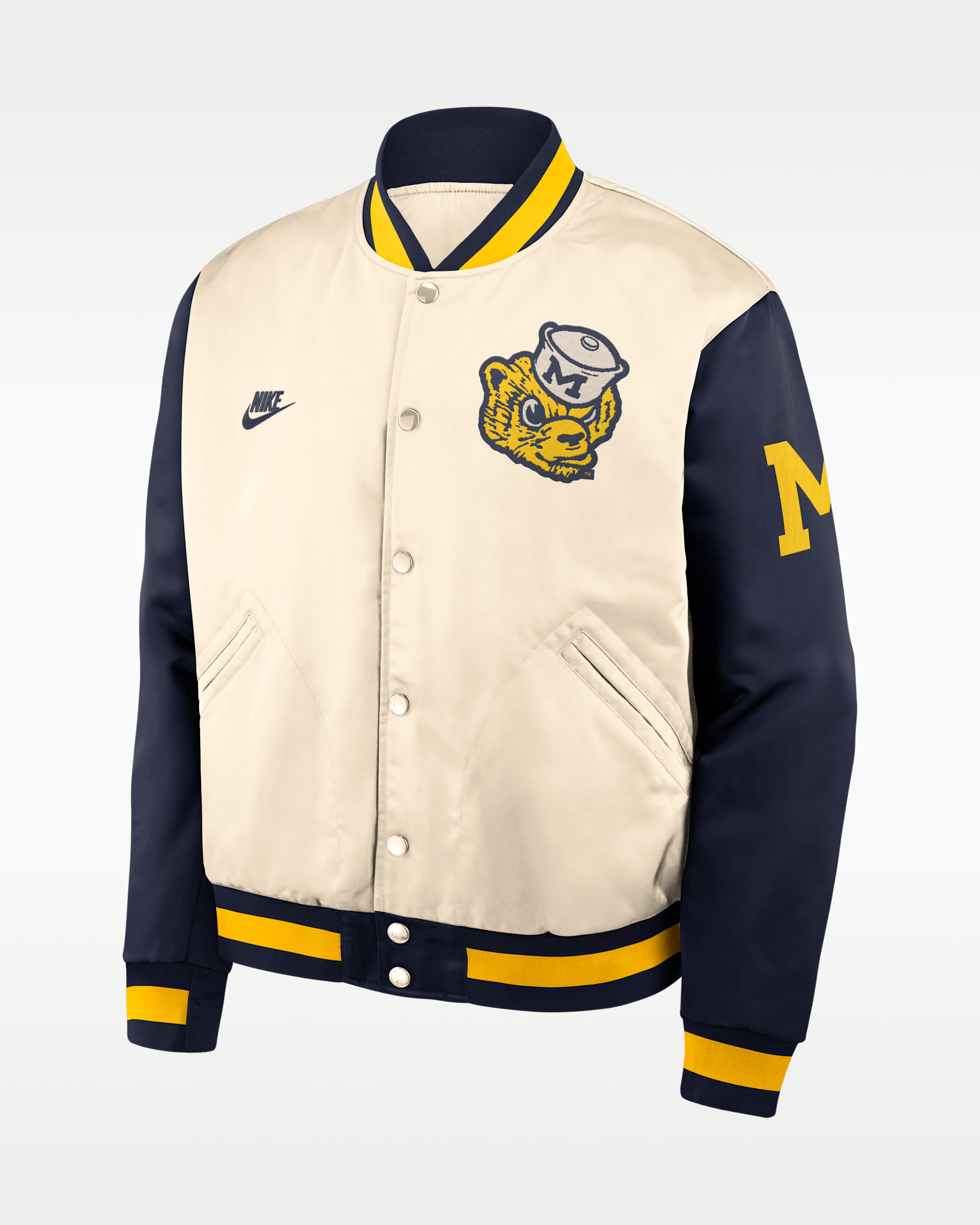 Chamarra bomber universitaria Nike de cierre a presión de largo completo para hombre Michigan Legacy - Natural/Azul marino