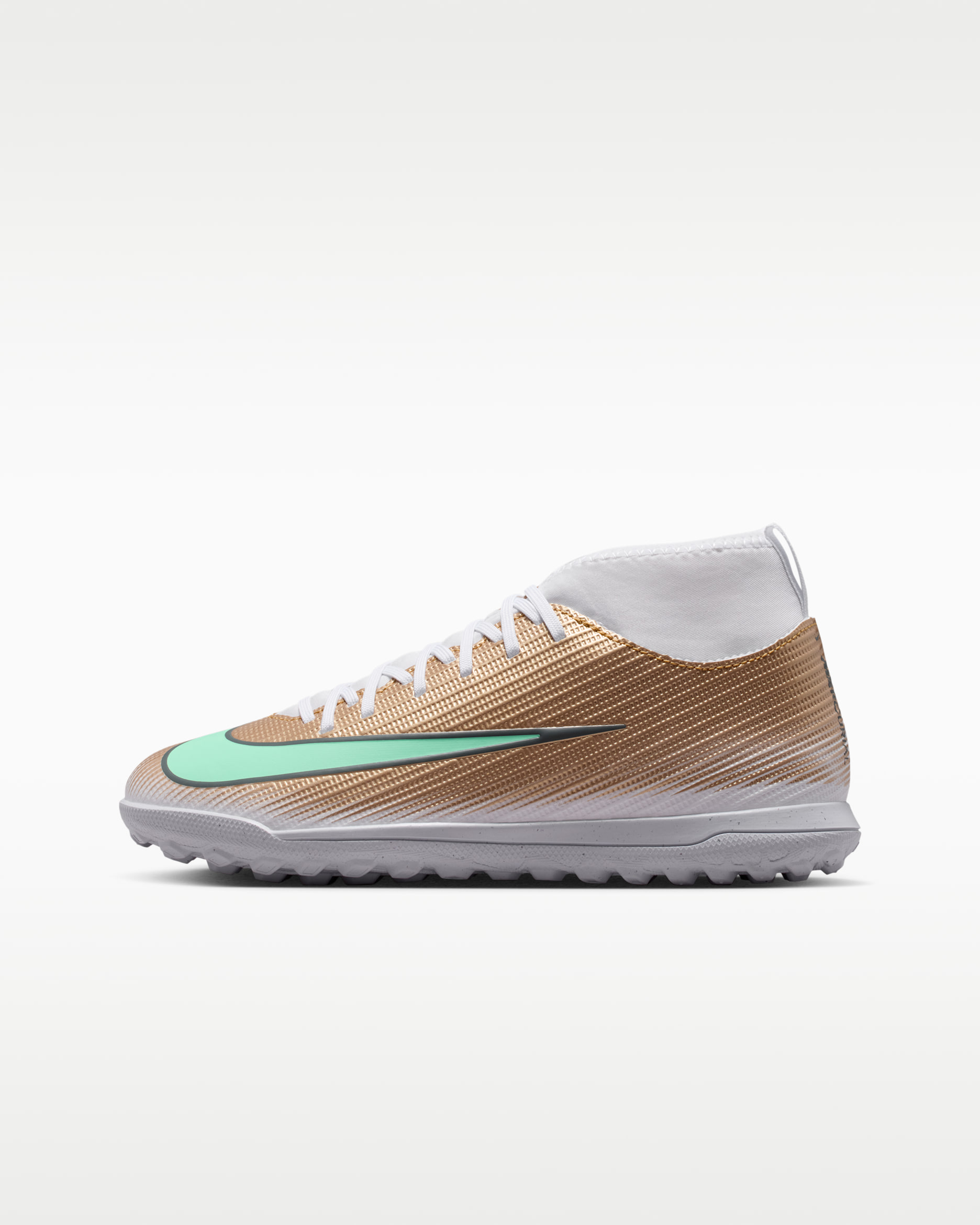 Nike Jr. Mercurial Superfly 11 Club "Kylian Mbappé" Big Kids' Turf High-Top Soccer Shoes - Metallic Gold/Green Glow