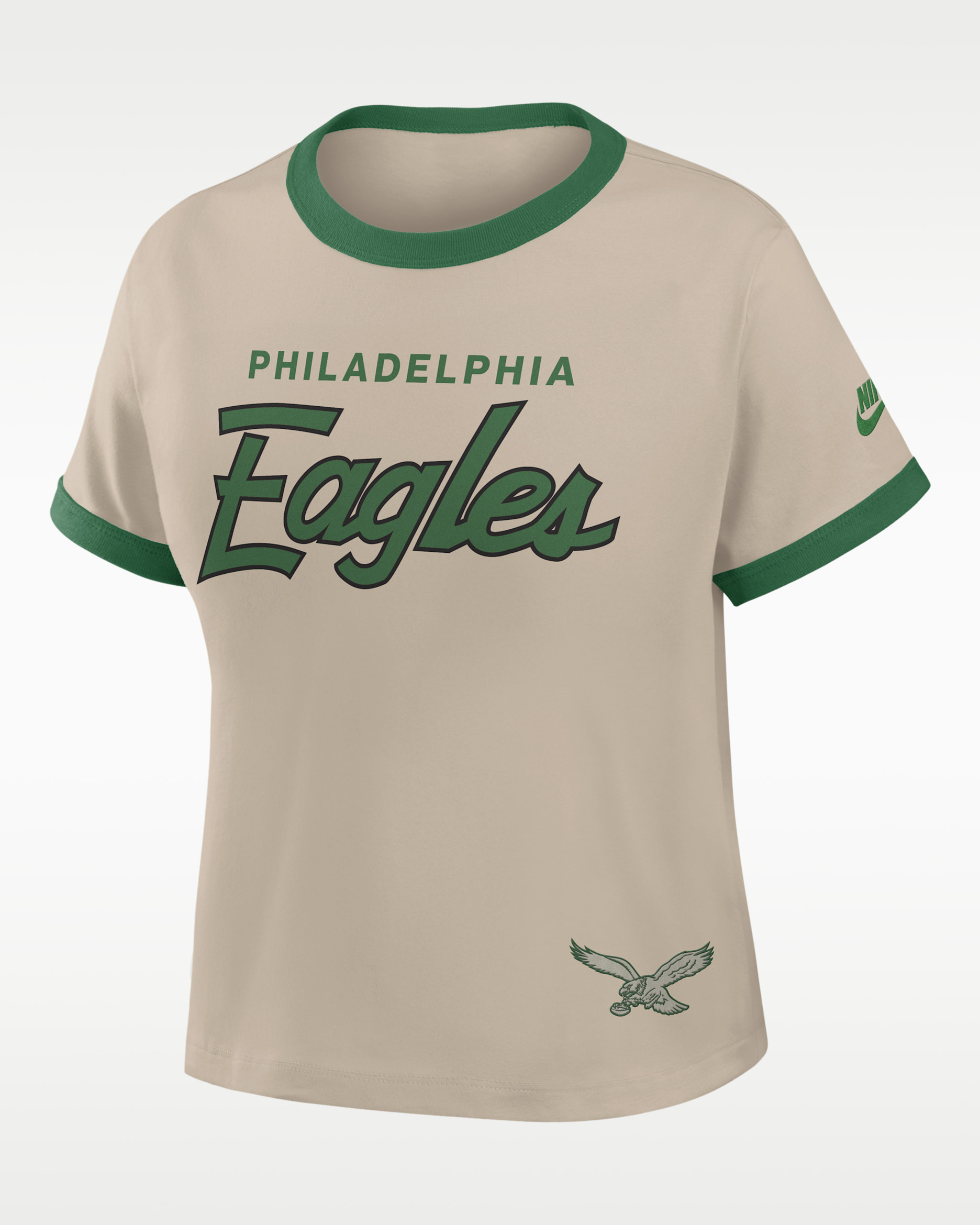 Philadelphia Eagles Rewind Ringer Mod Women's Nike NFL Cropped T-Shirt - Cream/Pine Green