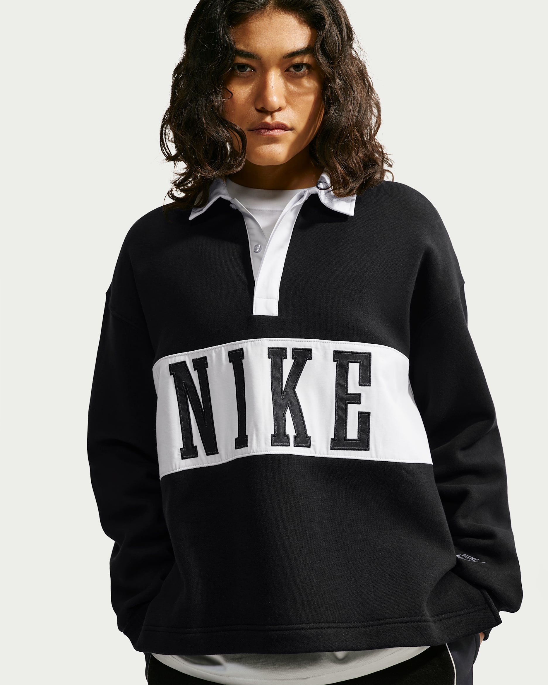 Nike Studio Fleece Medium Weight Women's Oversized Rugby Sweatshirt - Total Black/Sail/Sail