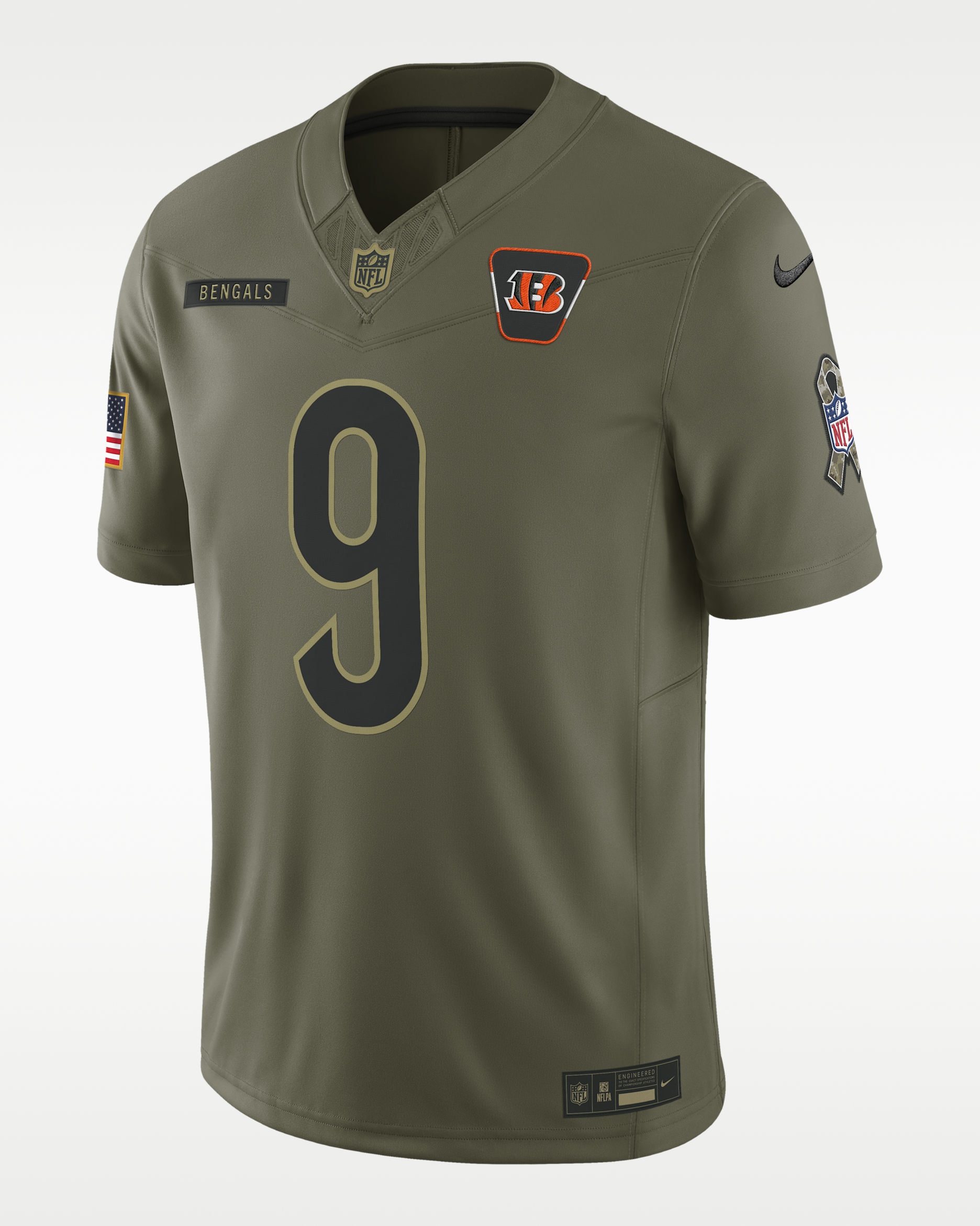 Jersey Nike Dri-FIT Limited de la NFL para hombre Joe Burrow Cincinnati Bengals Salute to Service - Oliva