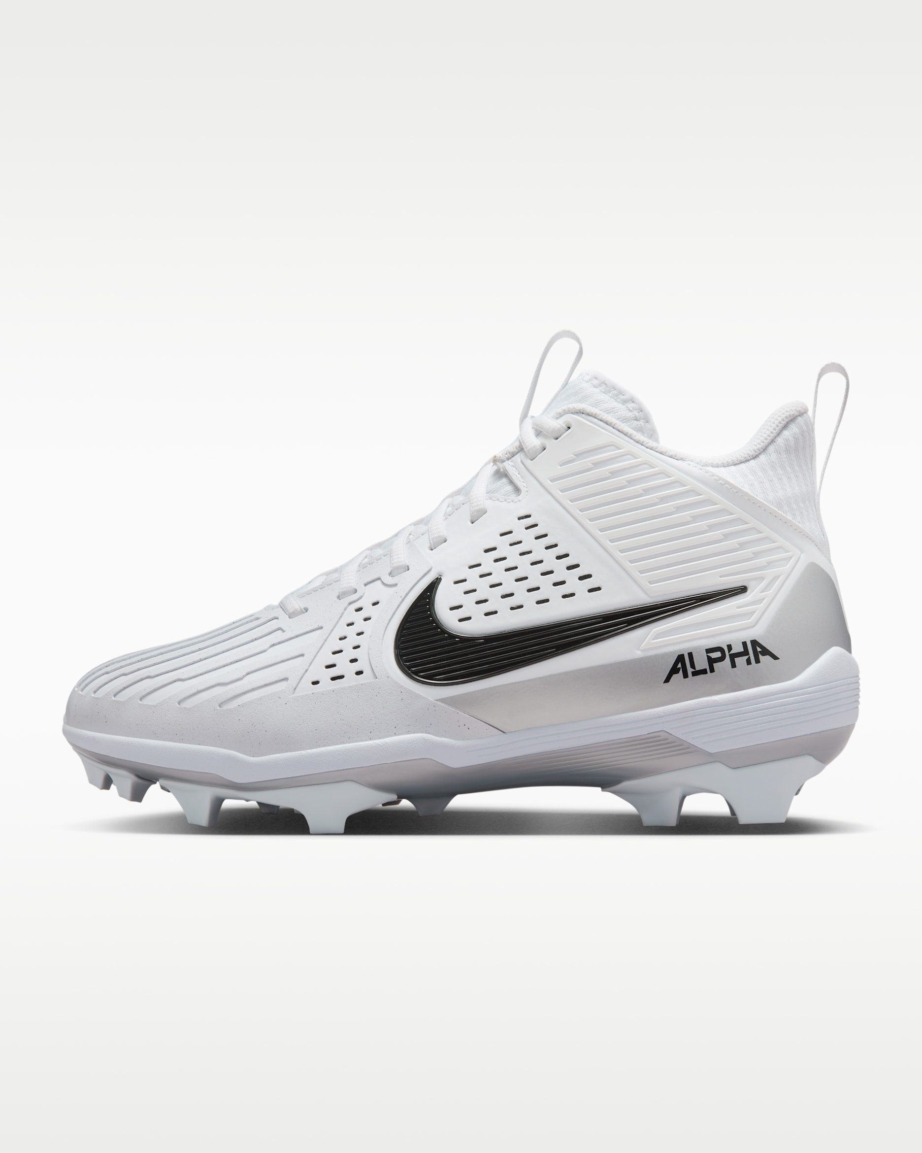 Tacos de fútbol americano para hombre Nike Alpha Menace Strong - Blanco/Plata metalizado/Negro