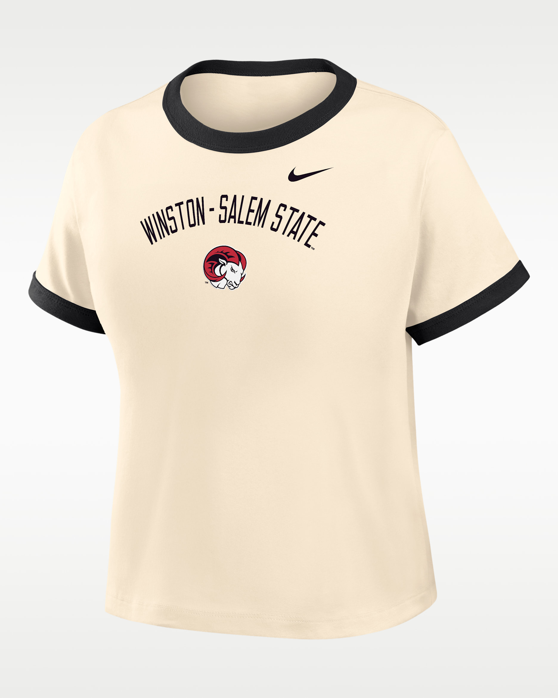 Playera cropped Ringer para mujer Nike College (Winston-Salem State) - Natural/Negro