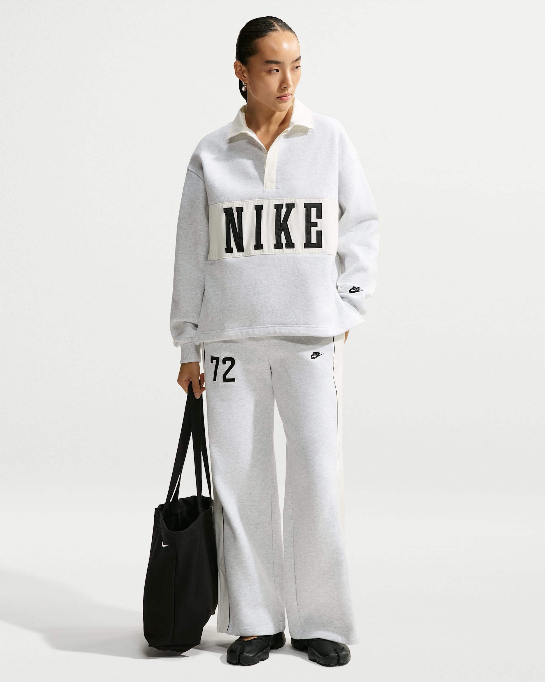 กางเกงขายาวทรงขากว้างเอวปานกลางผู้หญิง Nike Studio Fleece น้ำหนักปานกลาง - Birch Heather/ดำ