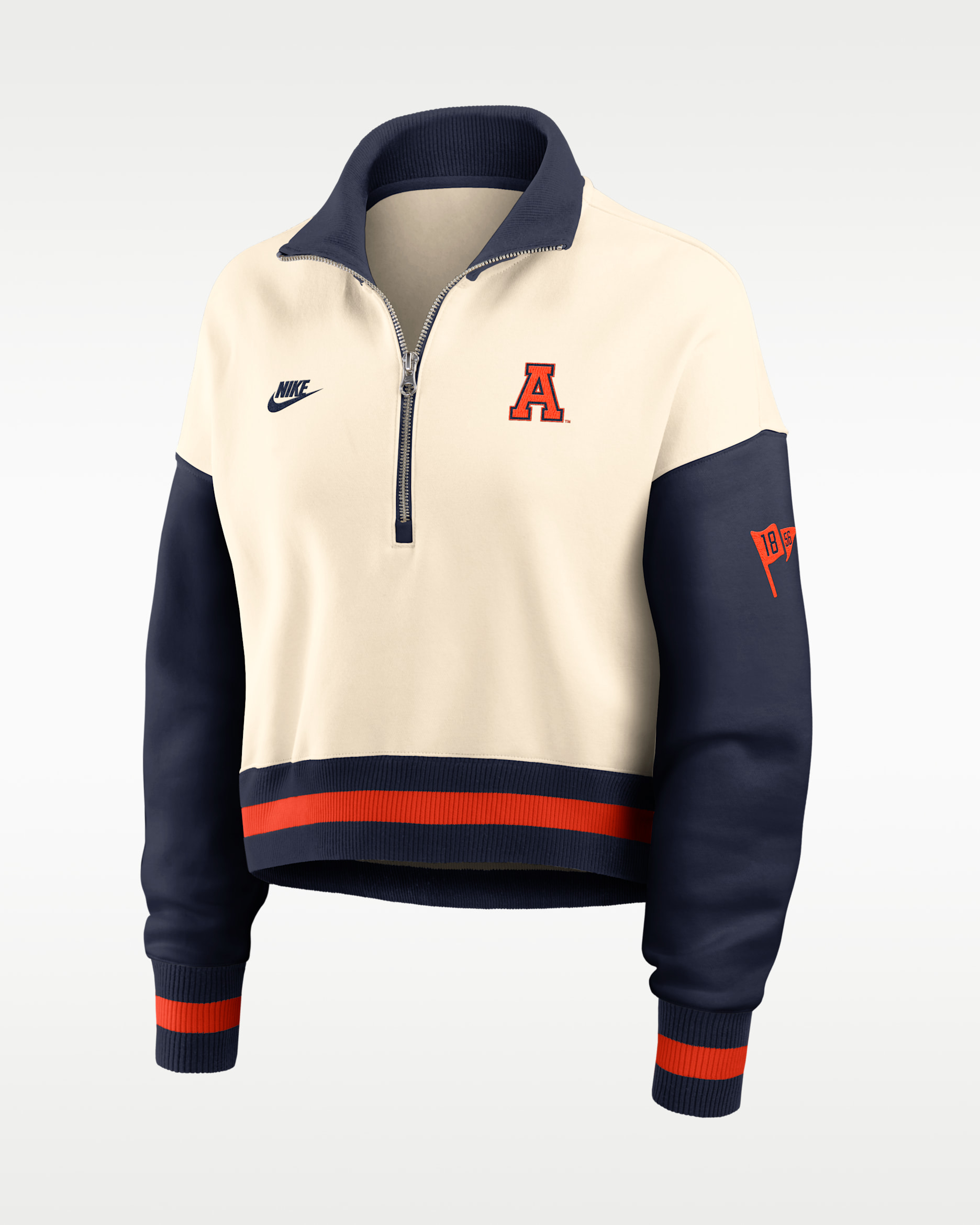 Sudadera de cuello redondo universitaria Nike oversized cropped de cierre de 1/4 para mujer Auburn Legacy - Natural/Azul marino