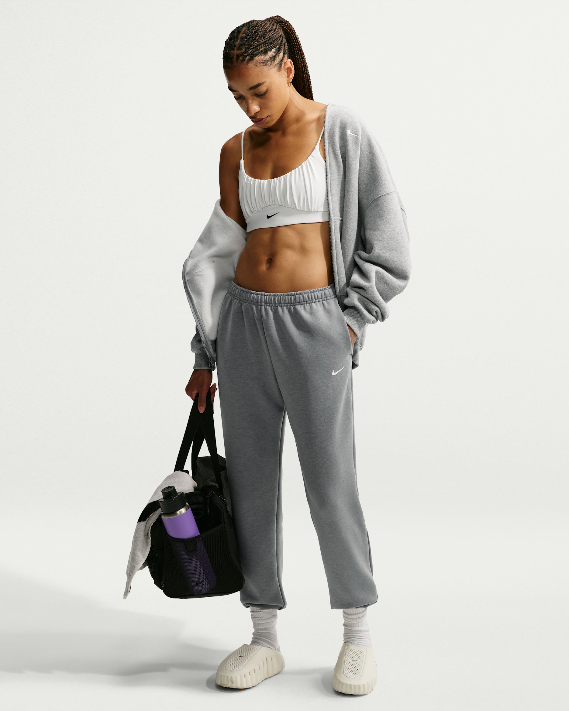 Nike Studio Fleece Sport Women's Dri-FIT Mid-Rise Pants - Smoke Grey/Heather/White