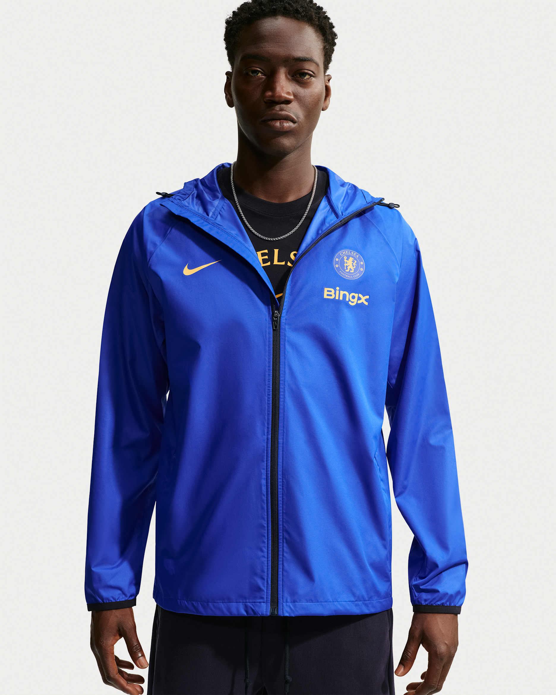 Chelsea FC Academy Pro Men's Nike Storm-FIT Soccer Hooded Rain Jacket - Bright Blue/Midwest Gold