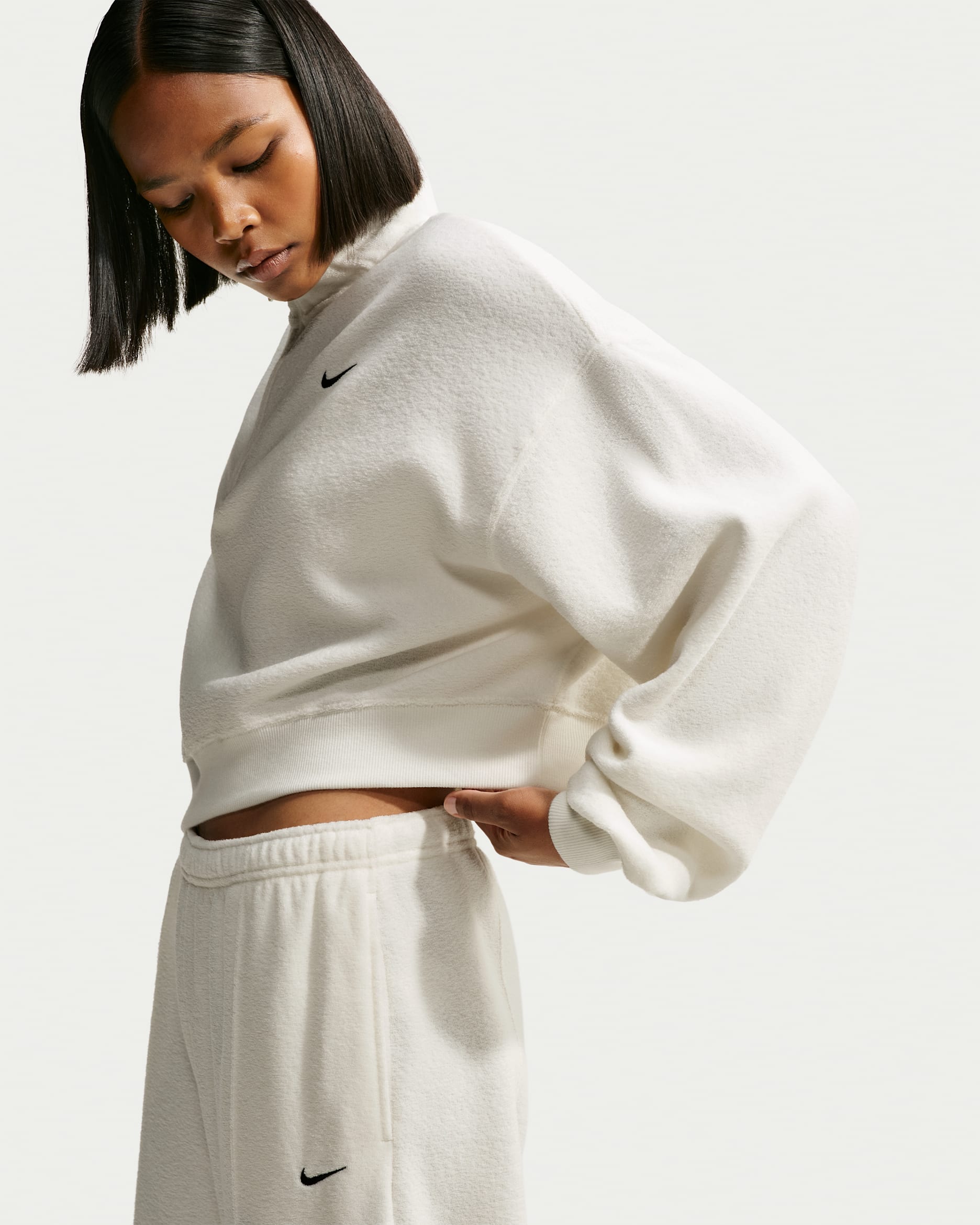 Nike Studio Fleece Medium Weight Plush Women's Oversized 1/4-Zip Cropped Top - Sail/Black