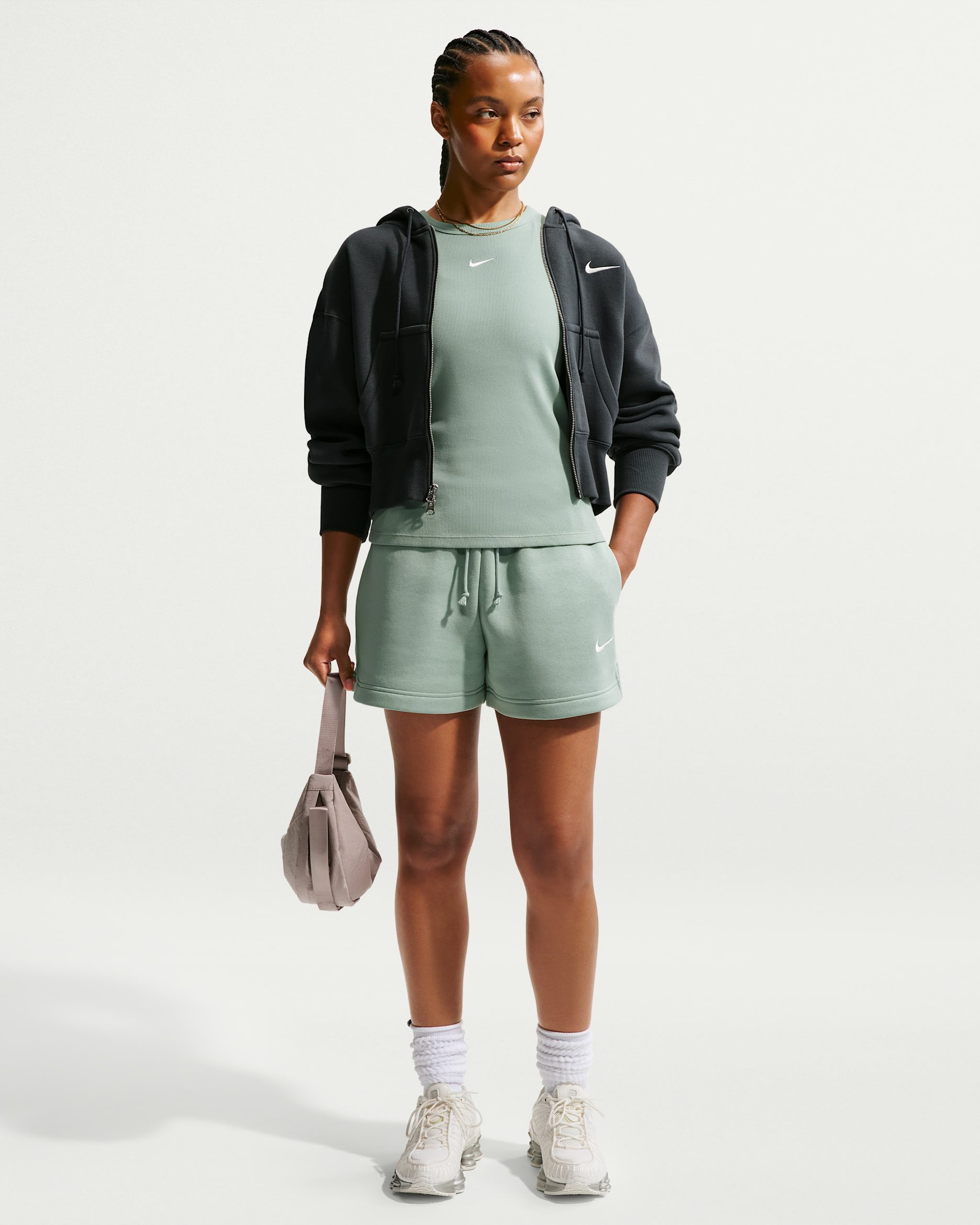 Nike Sportswear Phoenix Fleece shorts med mellomhøyt liv til dame (10 cm) - Steam/Sail