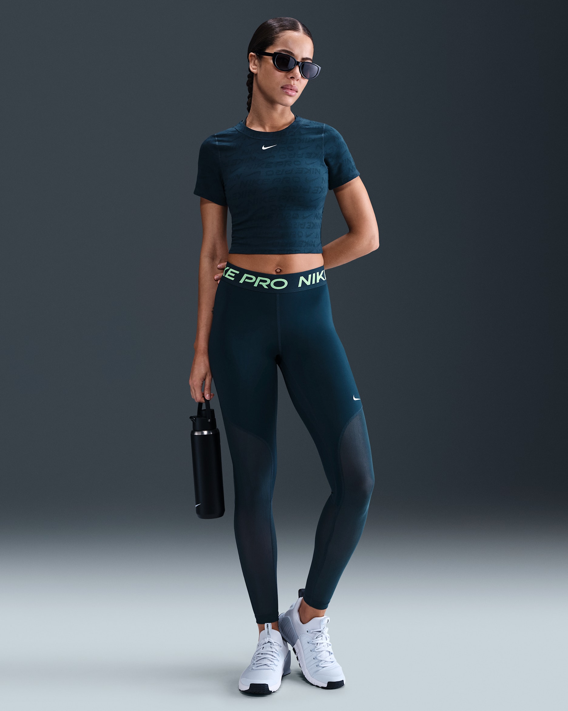 Nike Pro Women's Mid-Rise Full-Length Mesh-Paneled Leggings - Armory Navy/Barely Volt/White