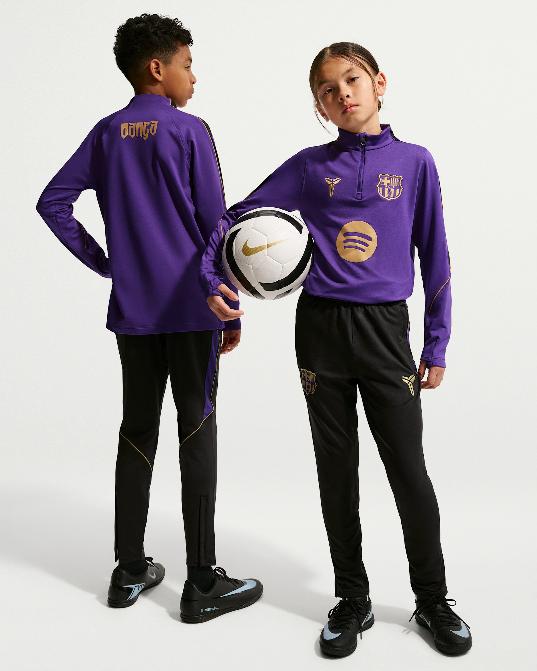 FC Barcelona Strike Away Big Kids' Kobe Dri-FIT Soccer Knit Pants - Black/Field Purple/Metallic Gold