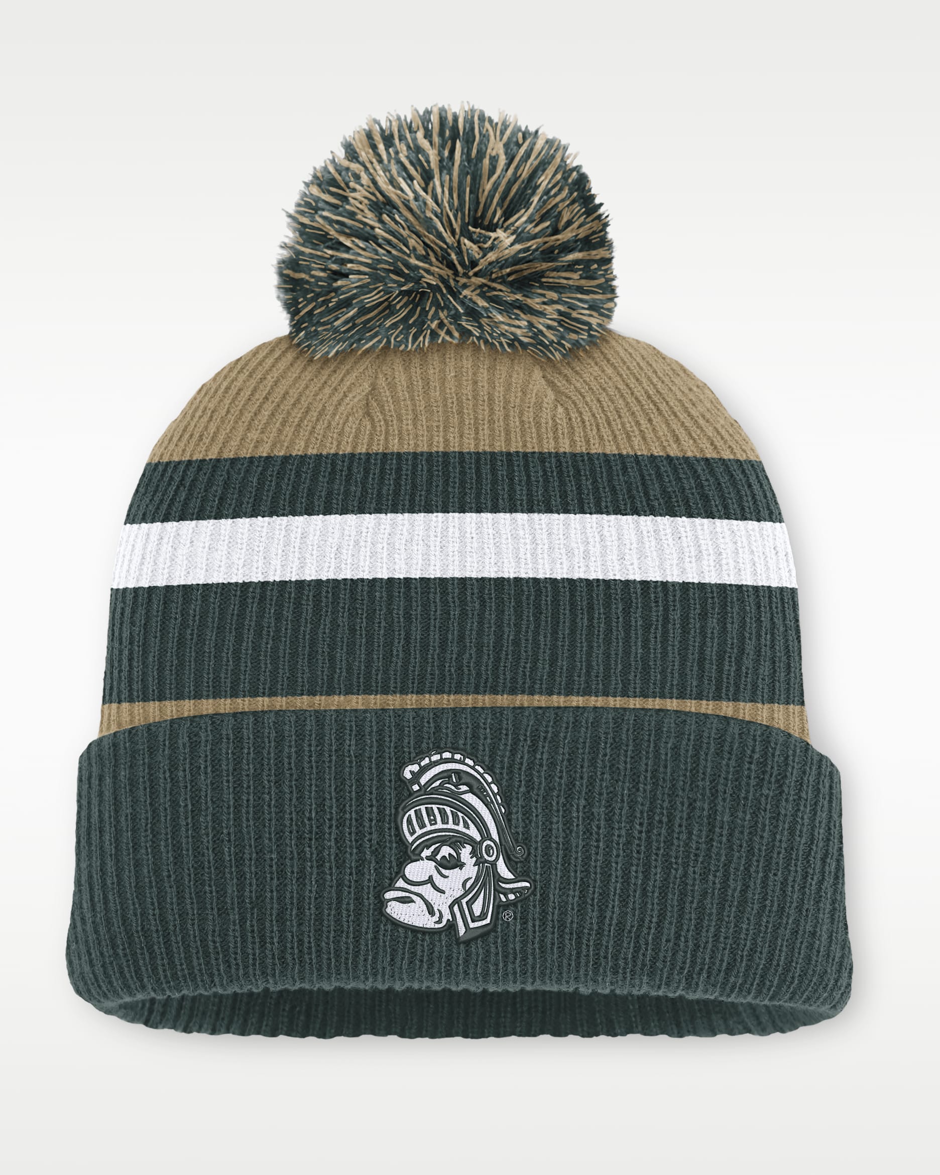 Michigan State Legacy Striped Men's Nike College Cuffed Pom Beanie - Classic Beige/Forest Green