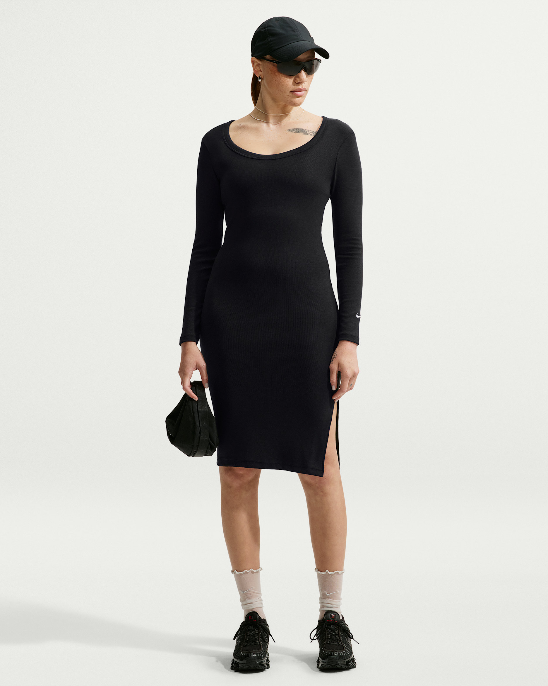 Nike Sportswear Chill Knit strakke midi-jurk met mini-ribbels en lange mouwen - Zwart/Sail