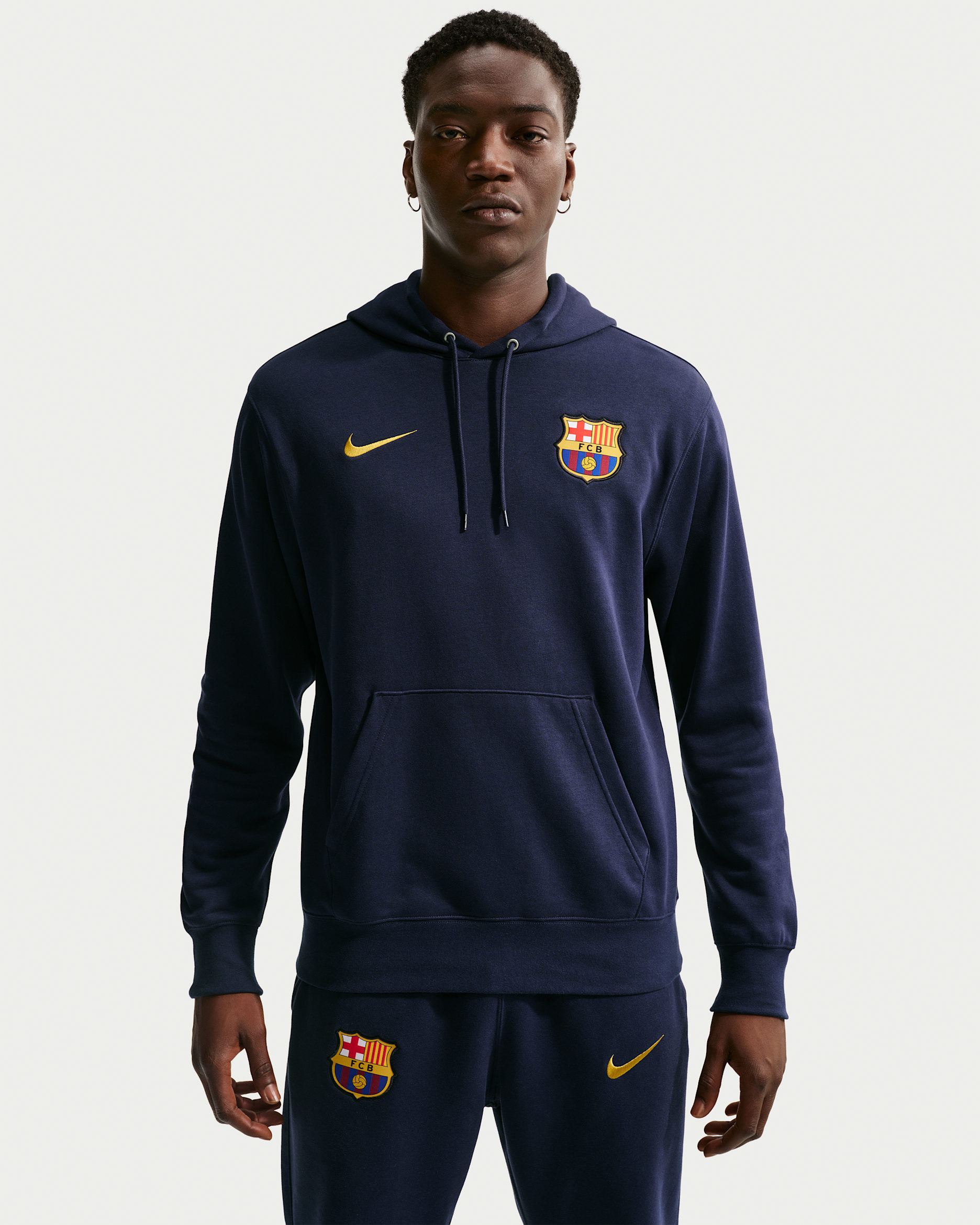 FC Barcelona Club Men's Nike Soccer French Terry Pullover Hoodie - Blackened Blue/Mineral Yellow