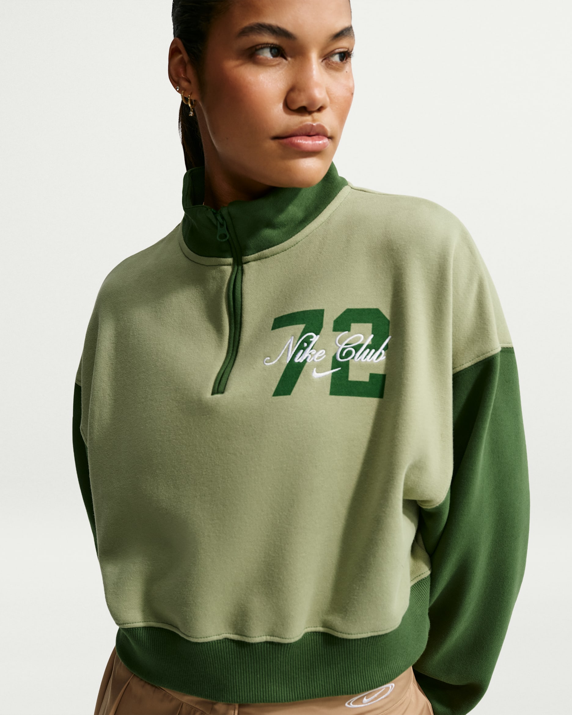 Haut court oversize à 1/4 de zip Nike Studio Fleece Medium Weight pour femme - Oil Green/Forest Green