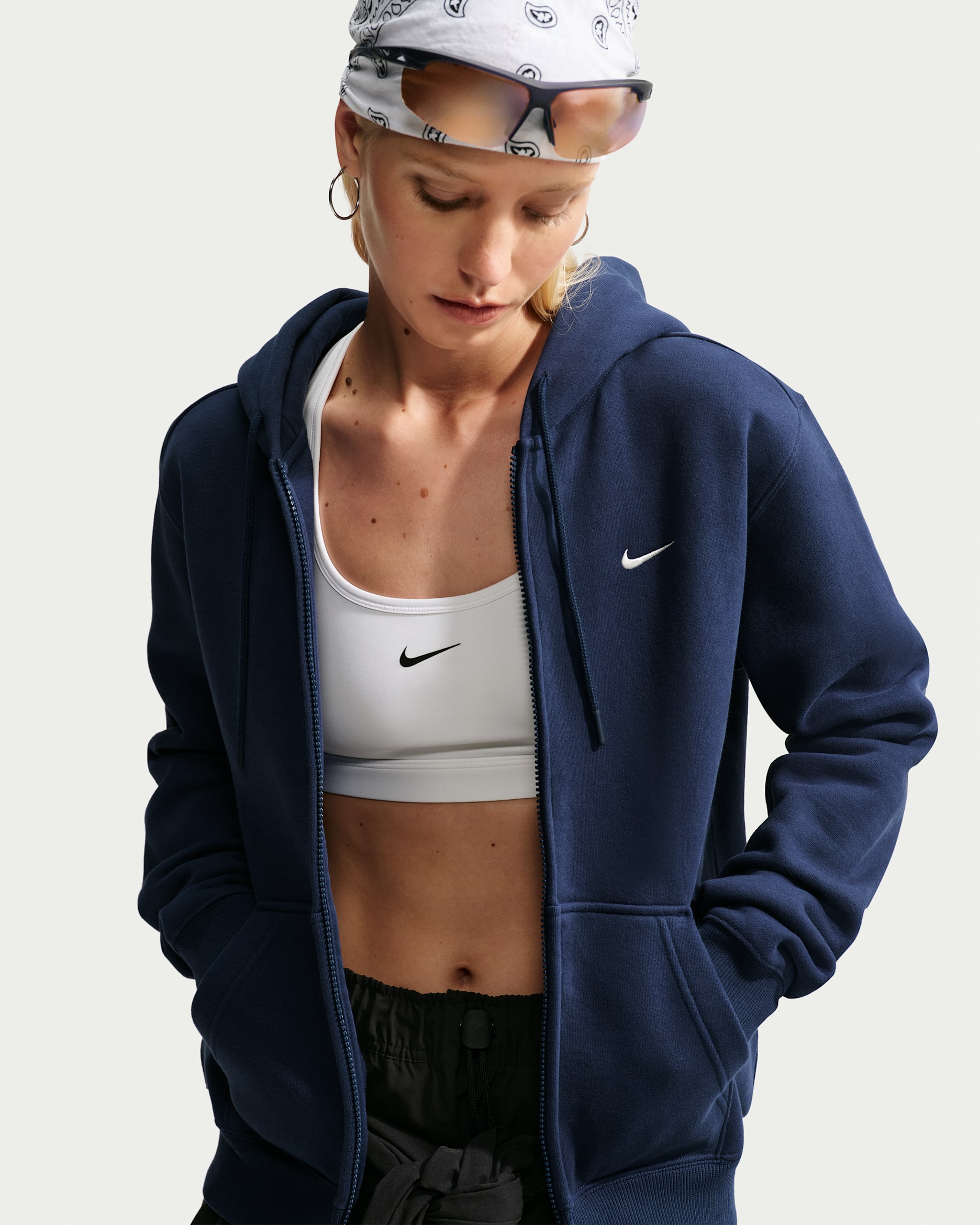 Nike Studio Fleece mellomtykk hettejakke med glidelås i full lengde til dame - Midnight Navy/Sail