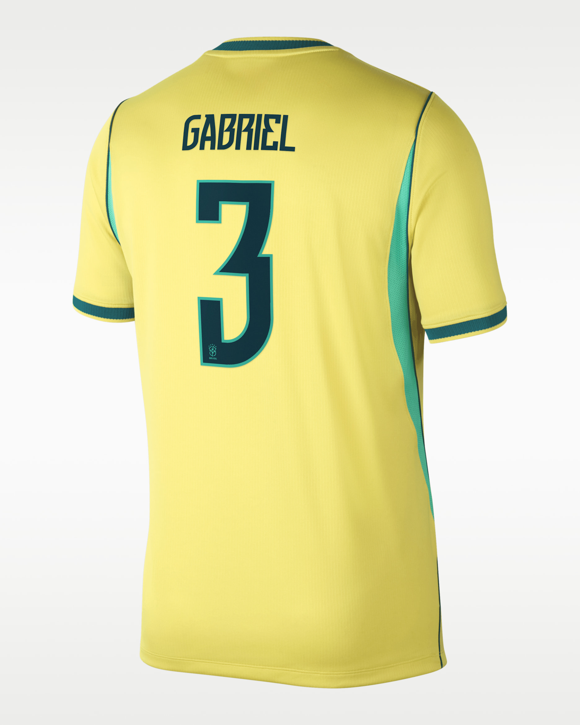Jersey futbol Nike Dri-FIT de la selección de Brasil local 2026 Stadium Gabriel Magalhães para hombre - Canario/Menta claro/Azul verdoso geoda