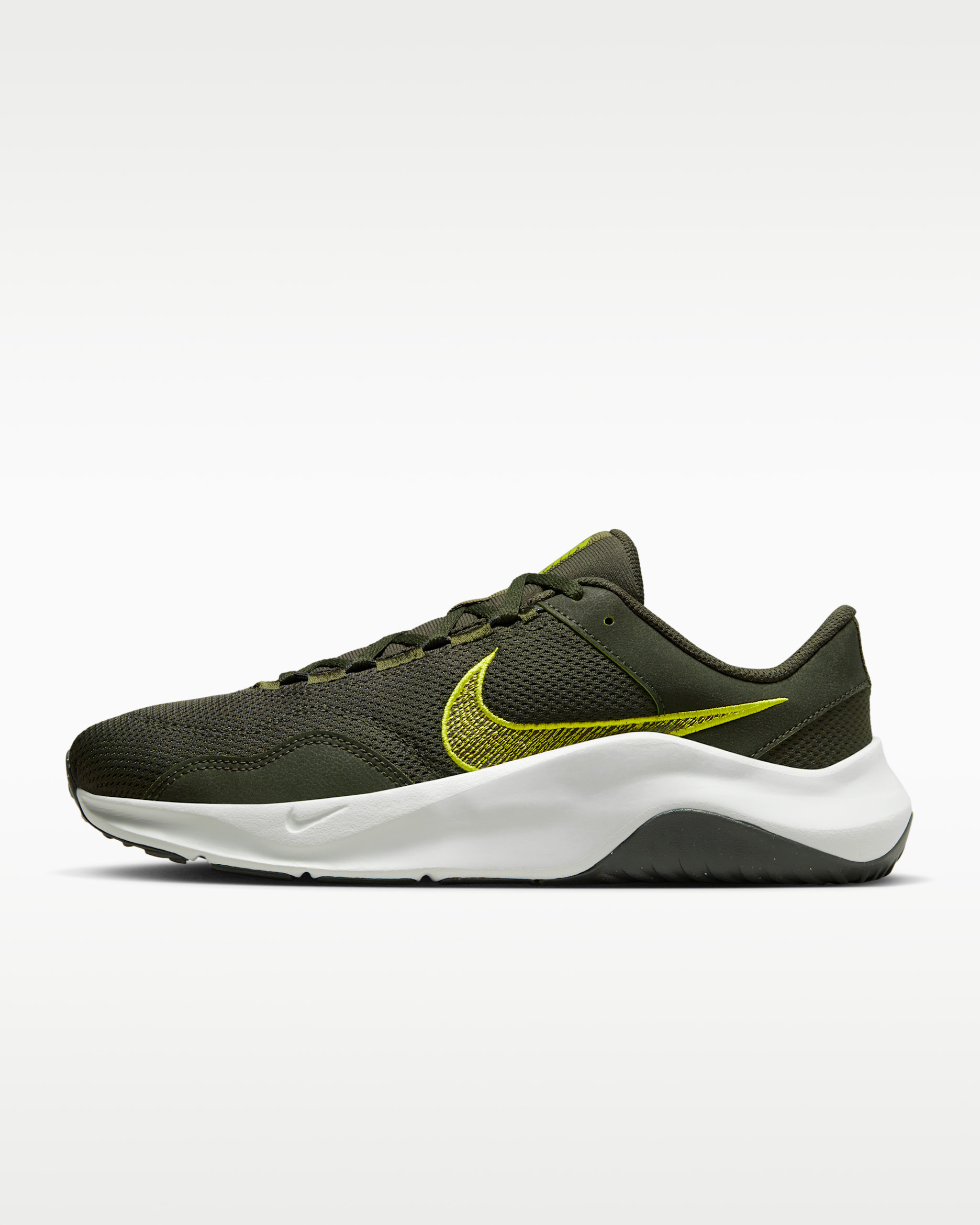 Nike Legend Essential 3 Next Nature Men's Workout Shoes - Sequoia/Light Silver/Medium Olive/High Voltage