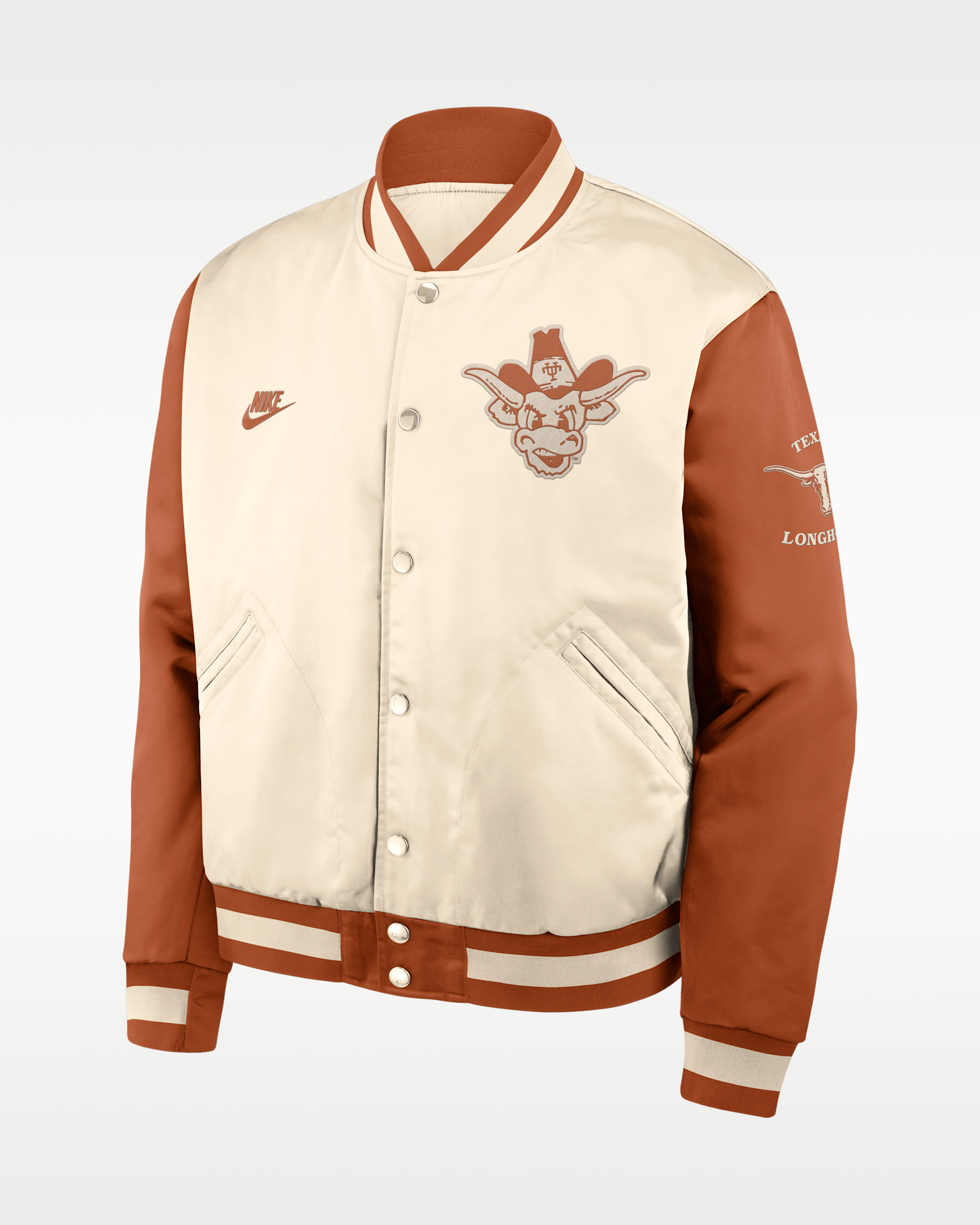 Chamarra bomber universitaria Nike de cierre a presión de largo completo para hombre Texas Legacy - Natural/Naranja desierto