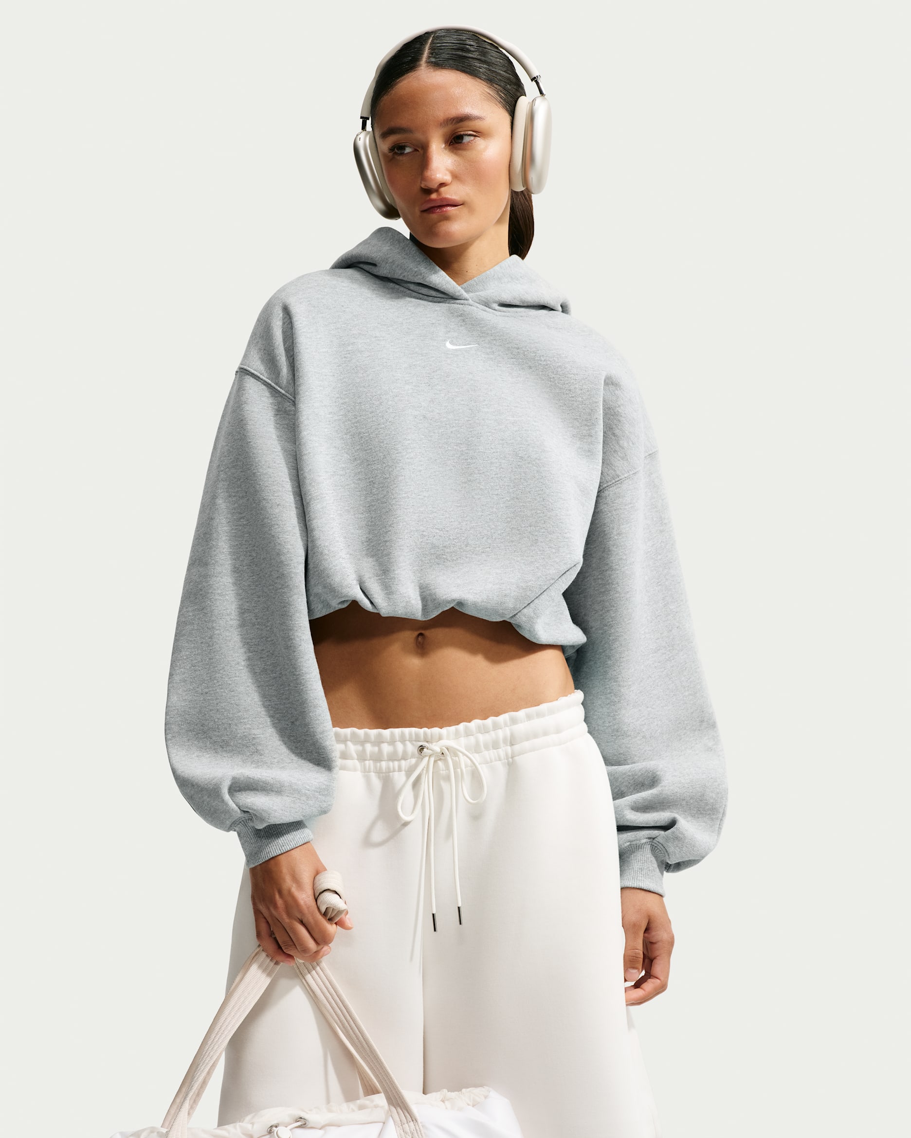 Nike Studio Fleece Medium Weight Women's Oversized Cropped Hoodie - Dark Grey Heather/Sail