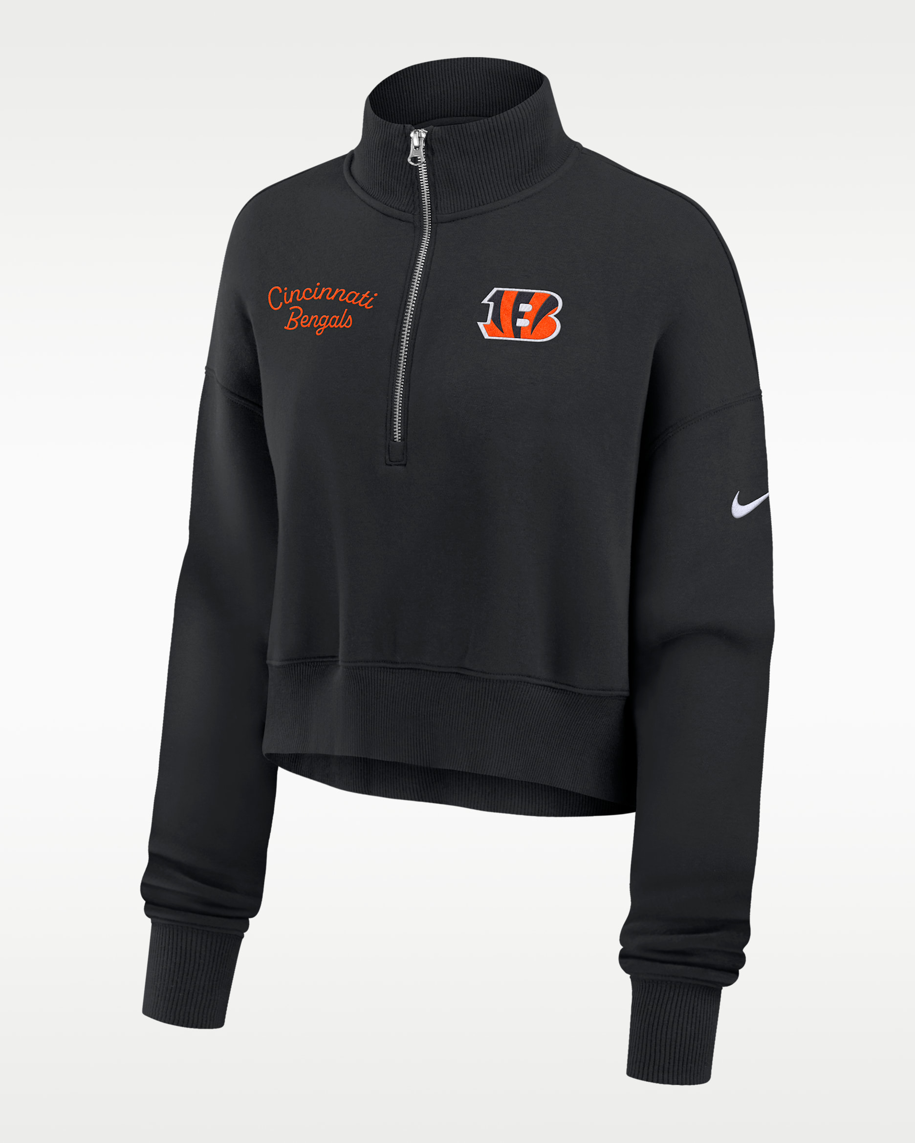 Sudadera de cuello redondo Nike de la NFL cropped con cierre de 1/4 para mujer Cincinnati Bengals Phoenix - Negro