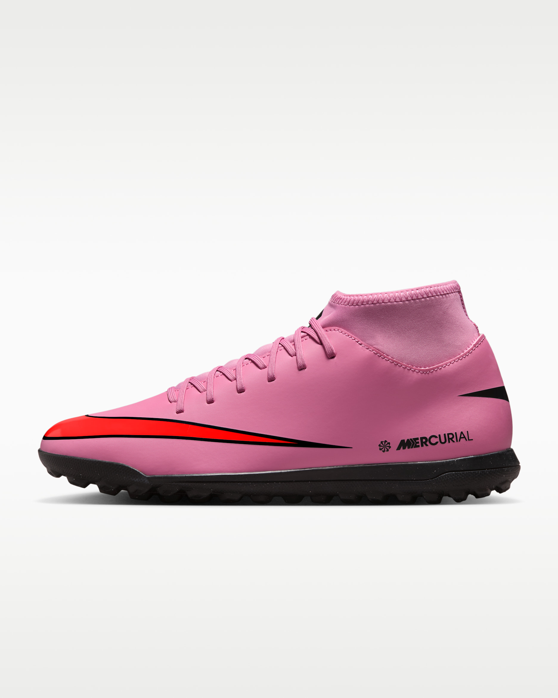 Tacos de fútbol para pasto sintético (turf) de corte high Nike Mercurial Superfly 10 Club - Flamenco mágico/Carmesí total/Negro